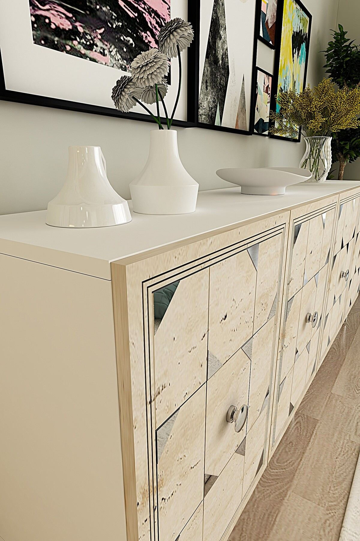 Consola Moka 180, 180 x 75 x 32 cm, alb travertin argintiu, PAL melaminat, oglinda inclusa, alb / travertin / silver — imaginea 6