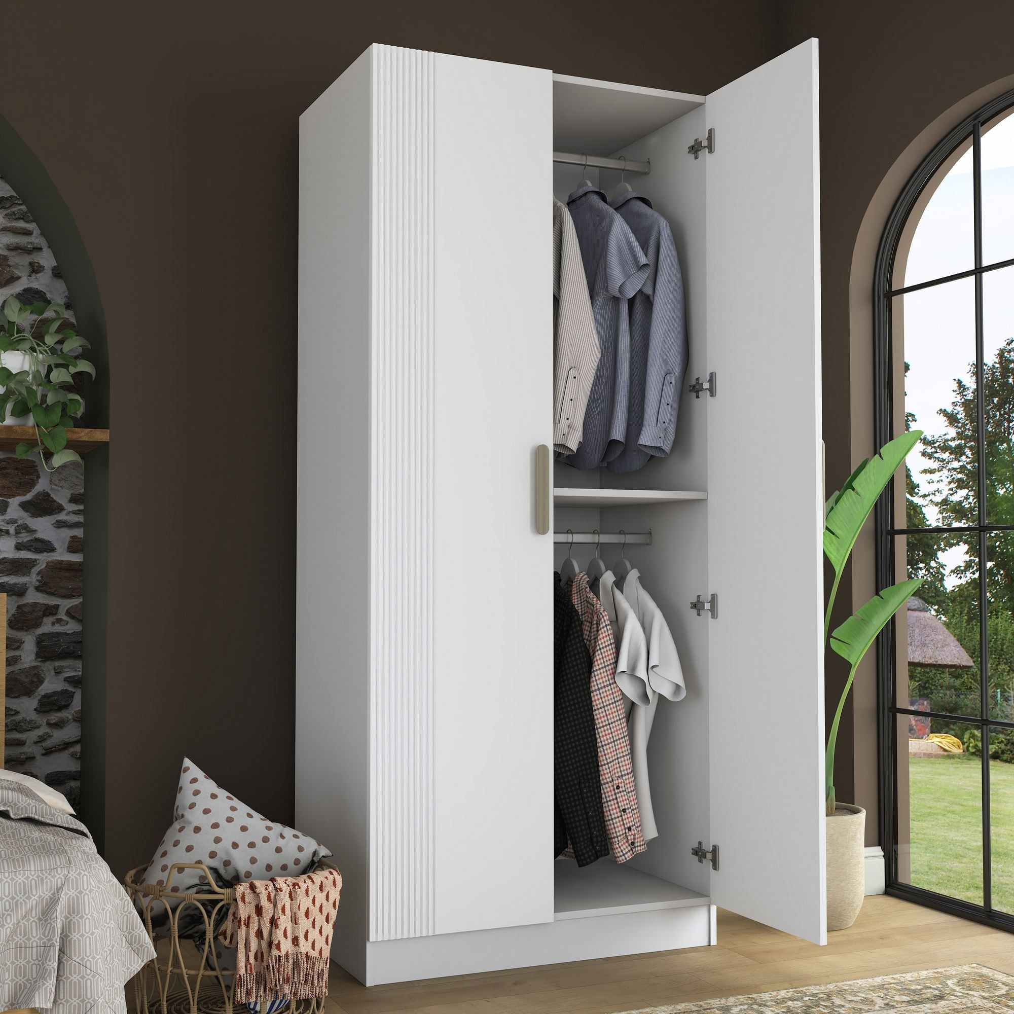 Dulap haine BA222, 90 x 210 x 57,5 cm, alb, PAL, spatiu de depozitare, fixare pe perete — imaginea 3