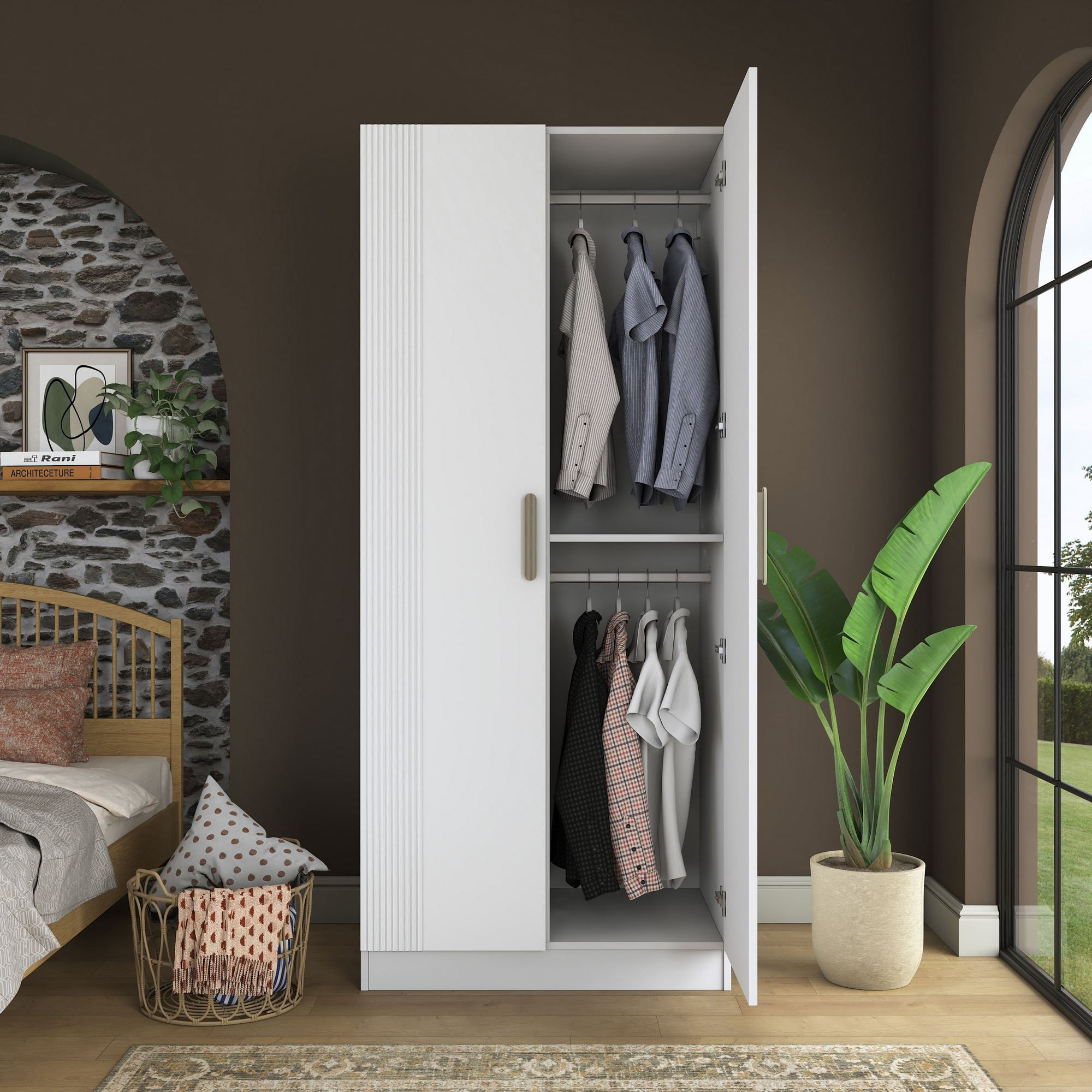Dulap haine BA222, 90 x 210 x 57,5 cm, alb, PAL, spatiu de depozitare, fixare pe perete — imaginea 5