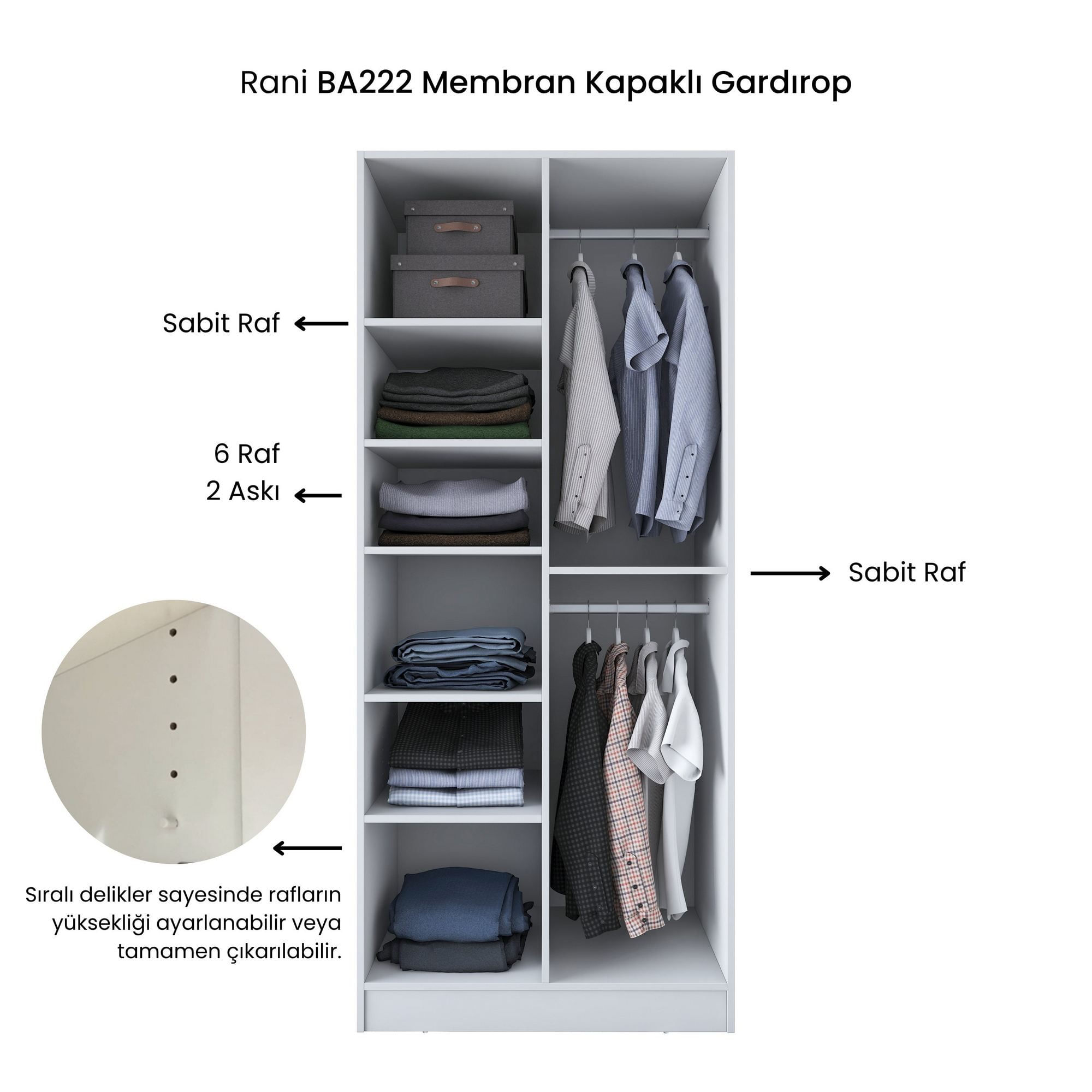 Dulap haine BA222, 90 x 210 x 57,5 cm, alb, PAL, spatiu de depozitare, fixare pe perete — imaginea 11