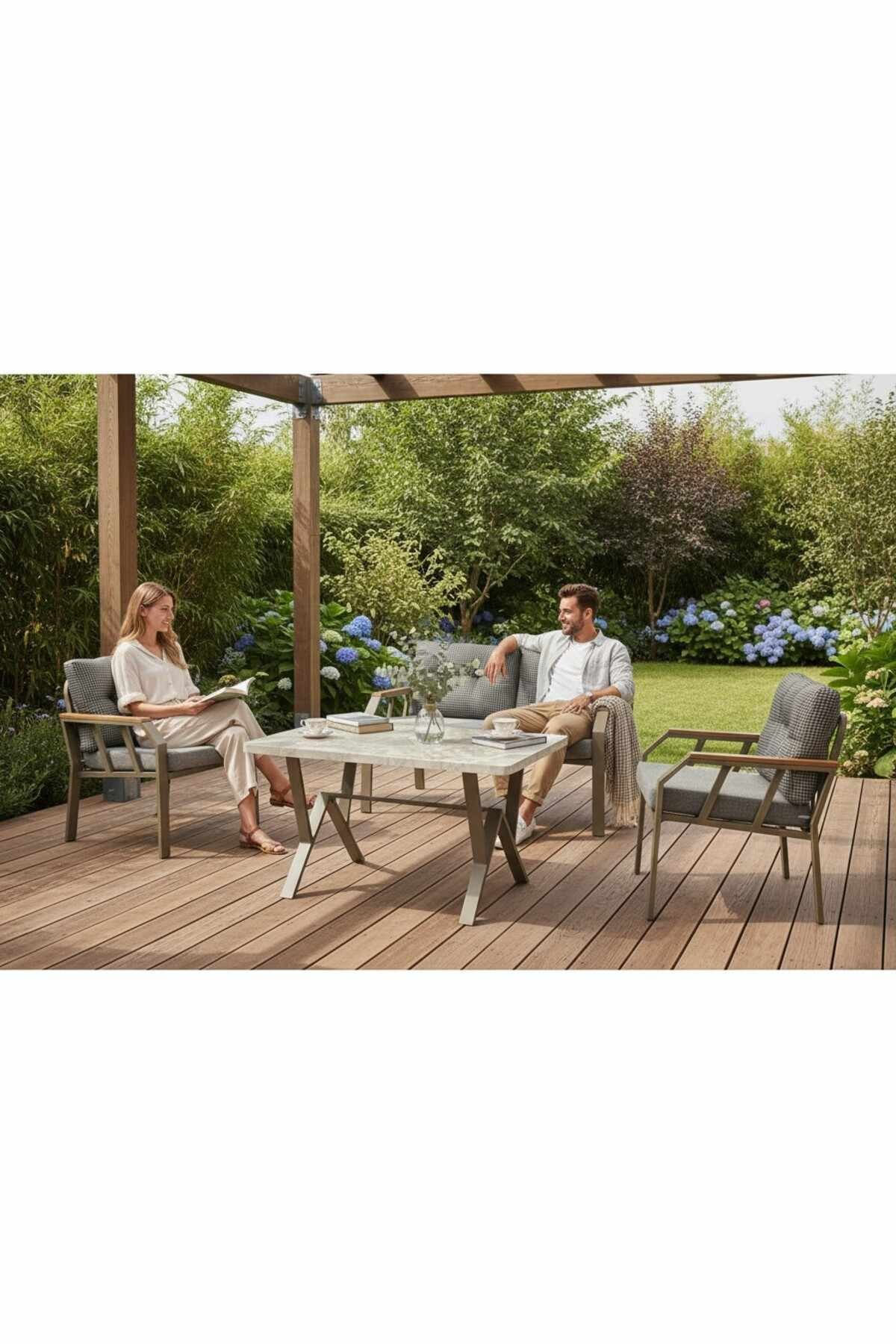 Set lounge gradina Nergiz 2+1+1 - Dogtooth, Gold, 120 x 78 x 58 cm, negru alb auriu, metal, negru / alb / gold — imaginea 2