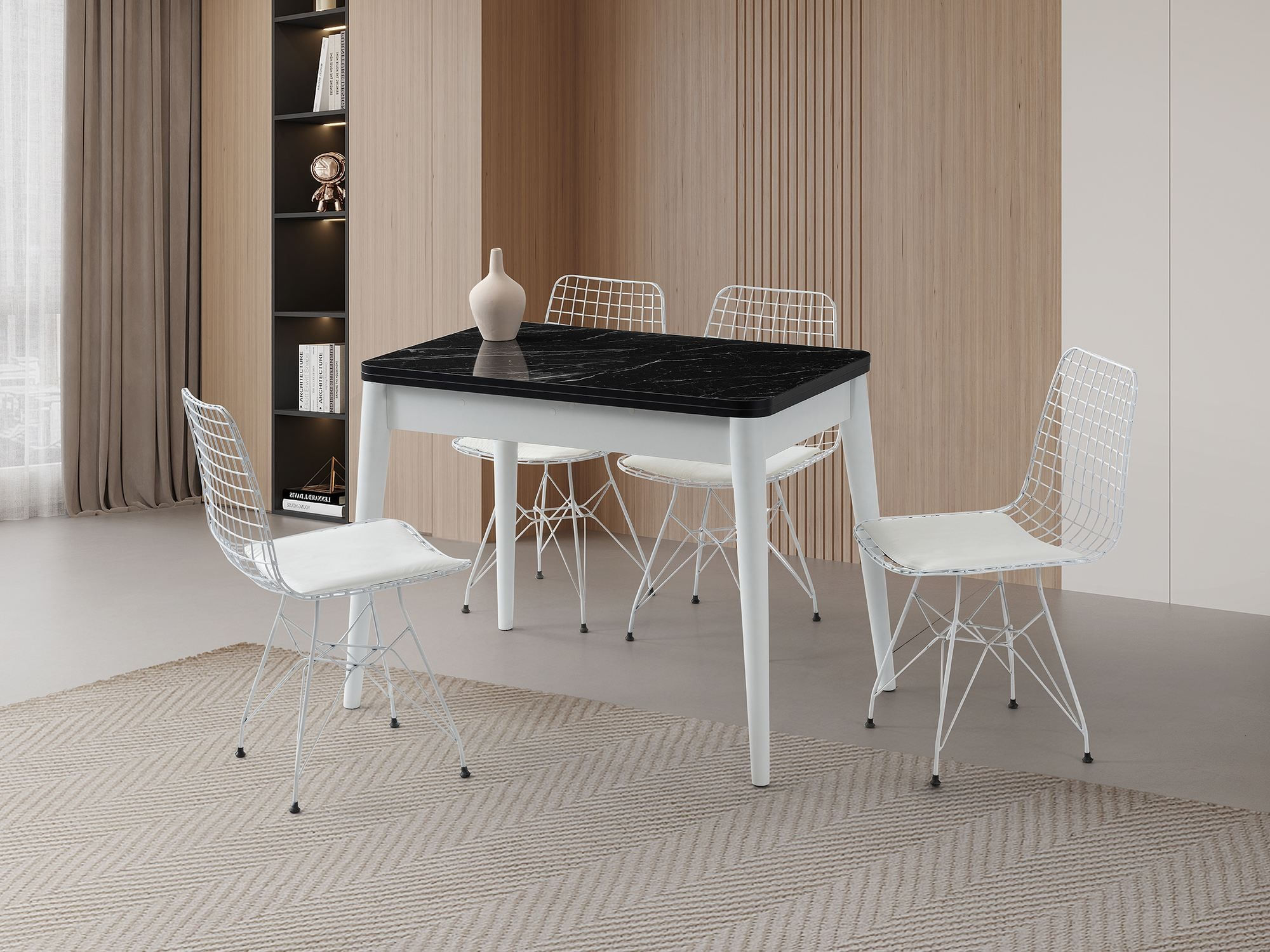 Masa dining Dolunay, 100 x 75 x 60 cm, negru marmura alb, PAL melaminat, capacitate 100 kg, negru marble / alb — imaginea 7