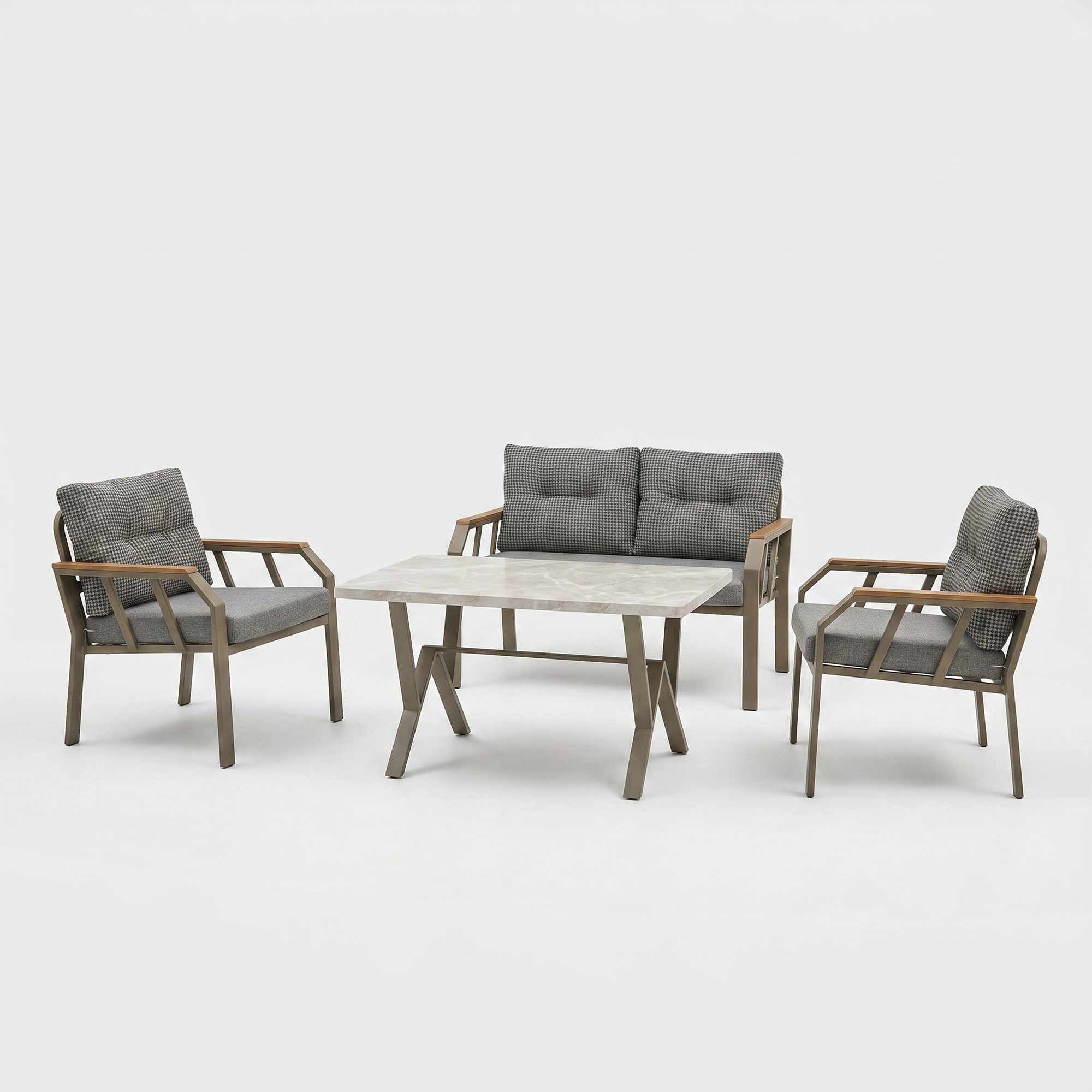 Set lounge gradina Nergiz 2+1+1 - Dogtooth, Gold, 120 x 78 x 58 cm, negru alb auriu, metal, negru / alb / gold — imaginea 5