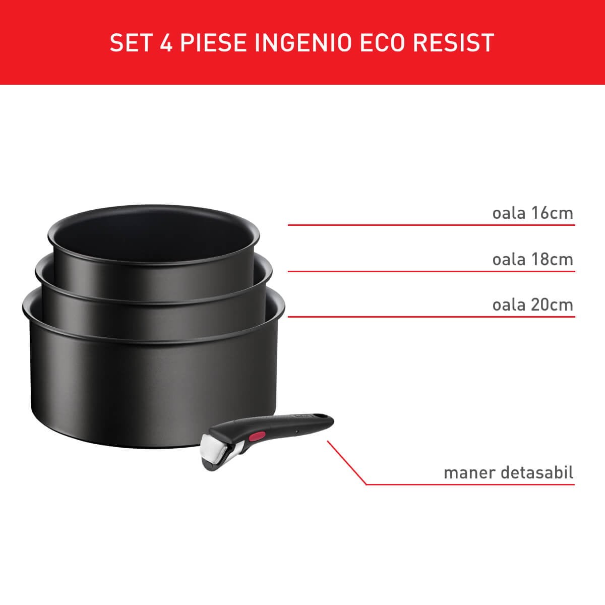 Set de 4 piese Tefal Ingenio Eco Resist L3979202, cratita de 16/18/20 cm, maner detasabil, indicator Thermo-Signal — imaginea 2