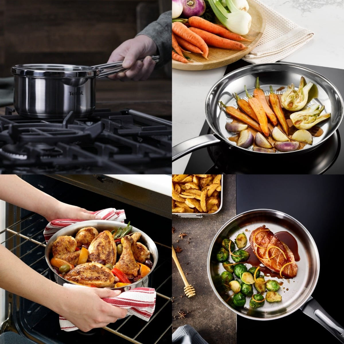 Set de 6 piese Tefal Duetto+ G719S655, oale cu capac de sticla 20 / 24 cm, cratita cu capac de sticla 16 cm, inox — imaginea 5