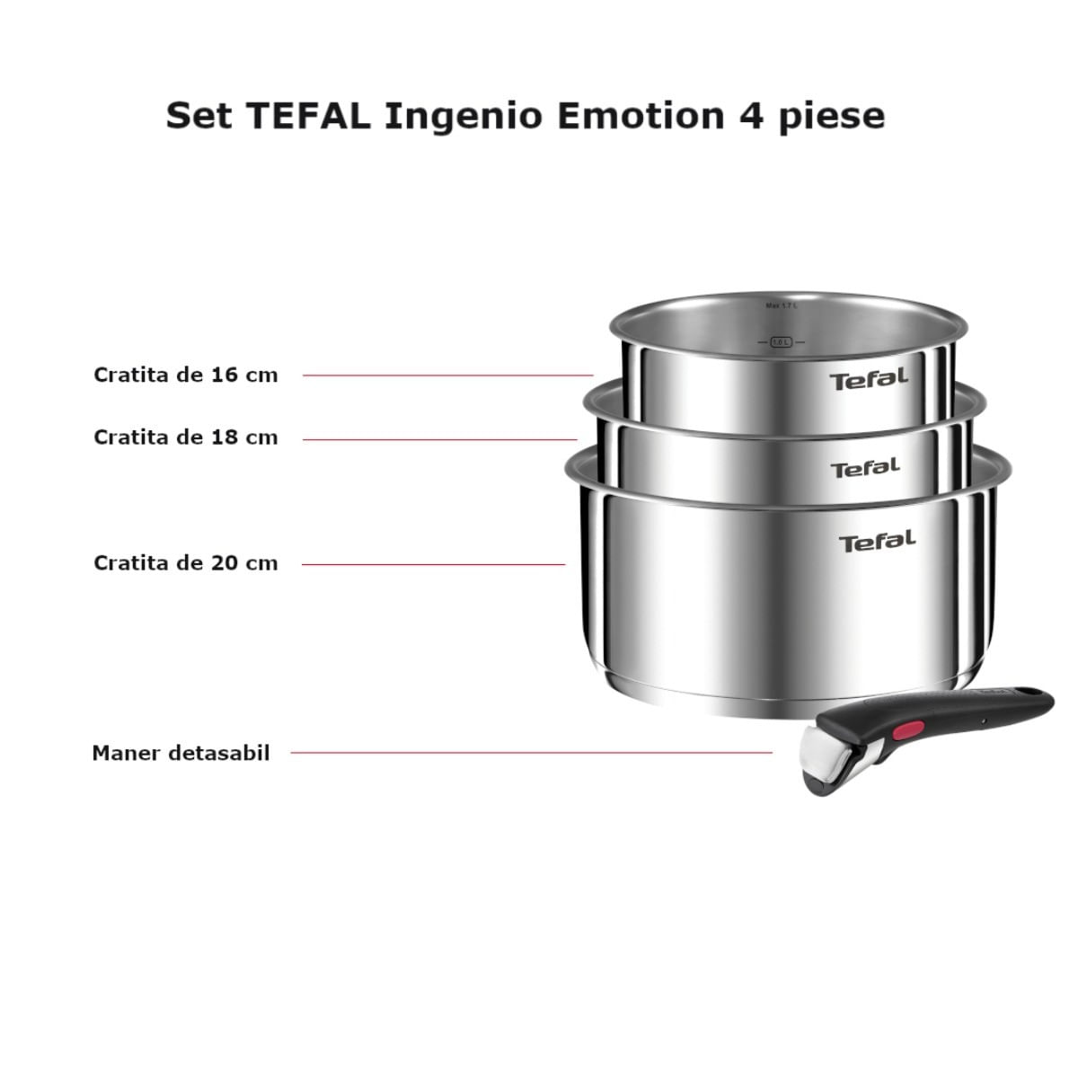 Set 4 piese Tefal Ingenio Emotion L8964S55, oale de 16 / 18 / 20 cm, maner detasabil rezistent, inductie, argintiu — imaginea 6
