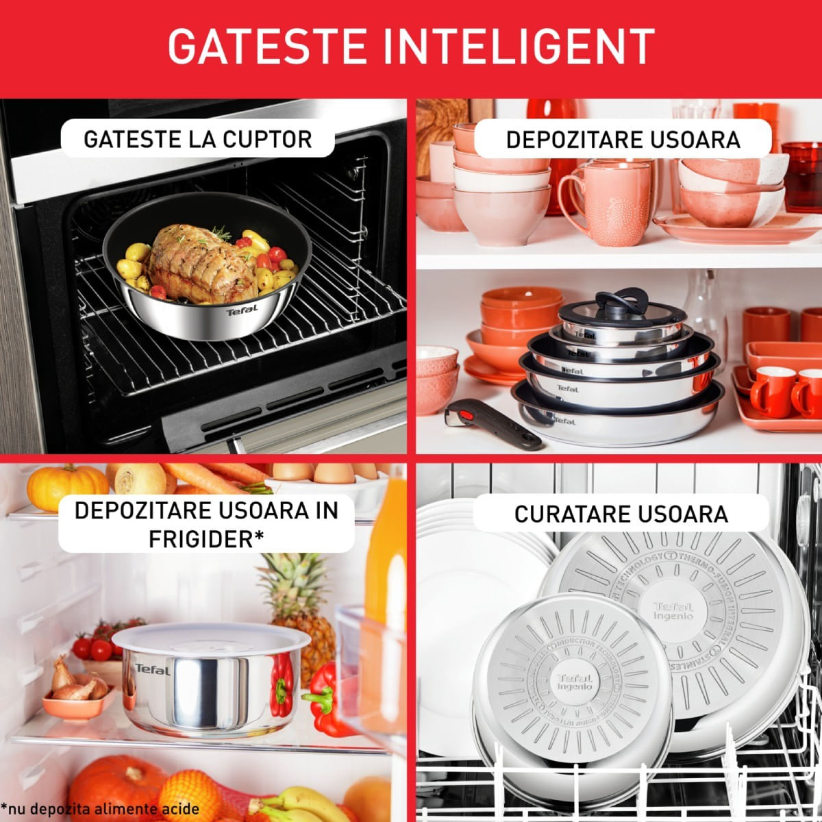 Set 4 piese Tefal Ingenio Emotion L8964S55, oale de 16 / 18 / 20 cm, maner detasabil rezistent, inductie, argintiu — imaginea 13