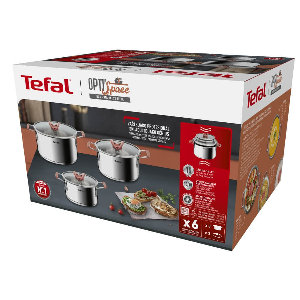 Set 6 piese Tefal Opti'Space G720S674, cratita 18 cm, oala 20/24 cm, 3 capace de sticla, otel inoxidabil, manere — imaginea 2