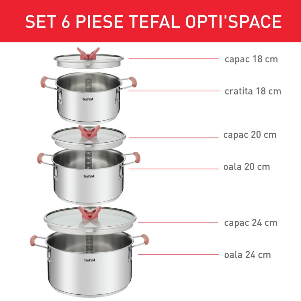Set 6 piese Tefal Opti'Space G720S674, cratita 18 cm, oala 20/24 cm, 3 capace de sticla, otel inoxidabil, manere — imaginea 10
