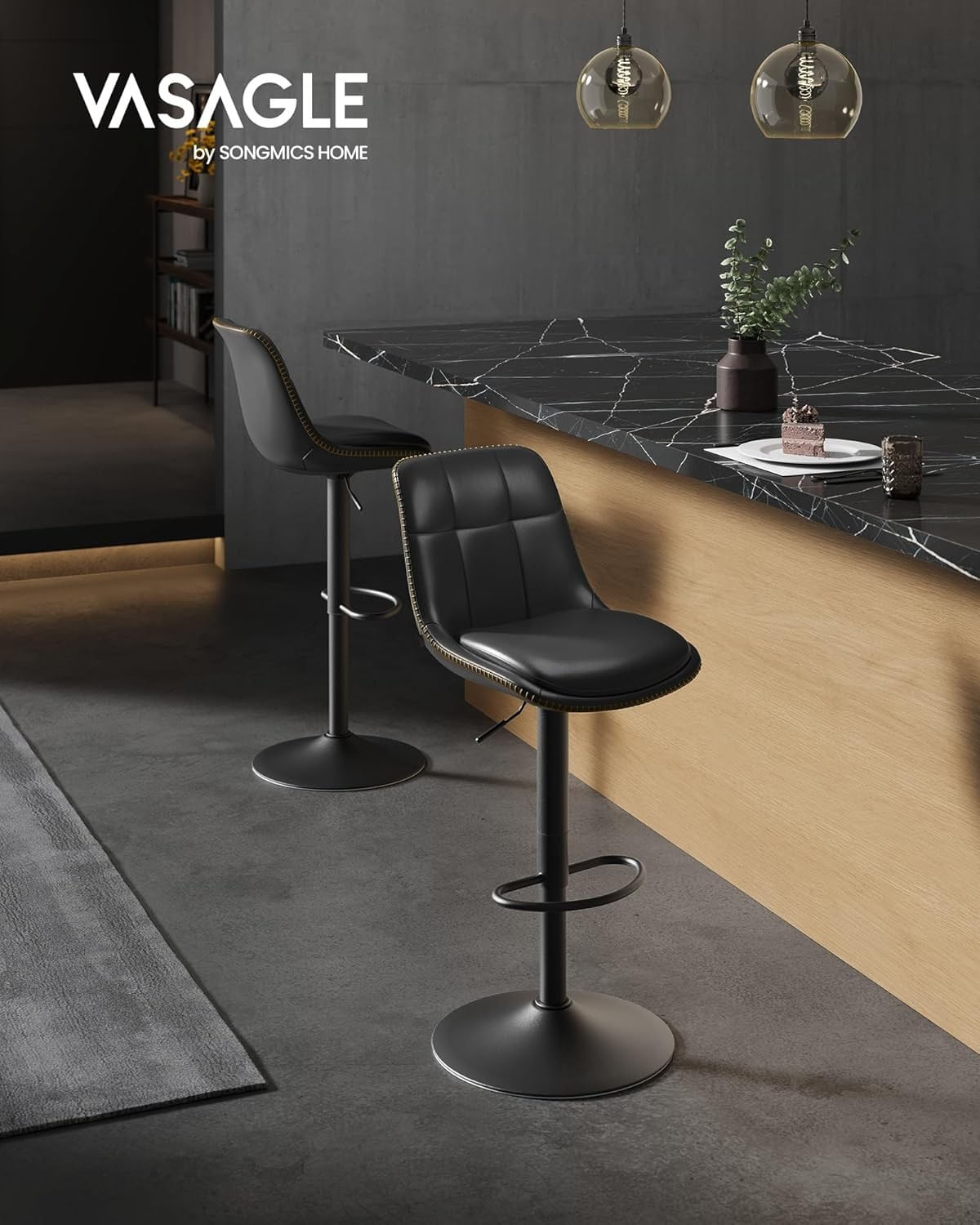 Set 2 scaune bar reglabile pe inaltime, rotative 360A°, cu spatar si suport pentru picioare, tapiterie PU — imaginea 4