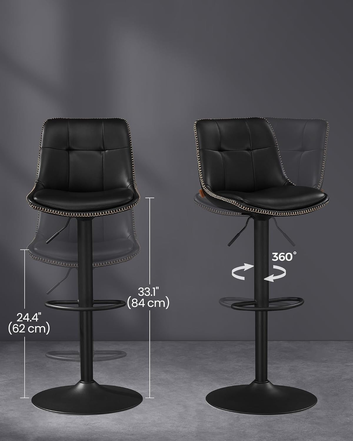 Set 2 scaune bar reglabile pe inaltime, rotative 360A°, cu spatar si suport pentru picioare, tapiterie PU — imaginea 6