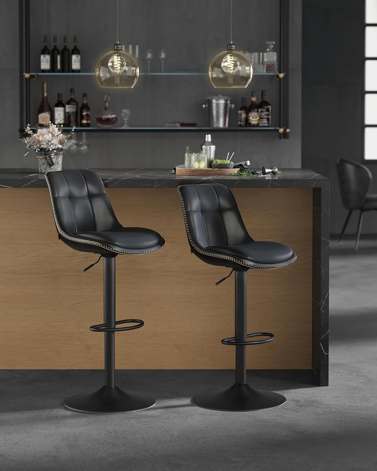 Set 2 scaune bar reglabile pe inaltime, rotative 360A°, cu spatar si suport pentru picioare, tapiterie PU — imaginea 8