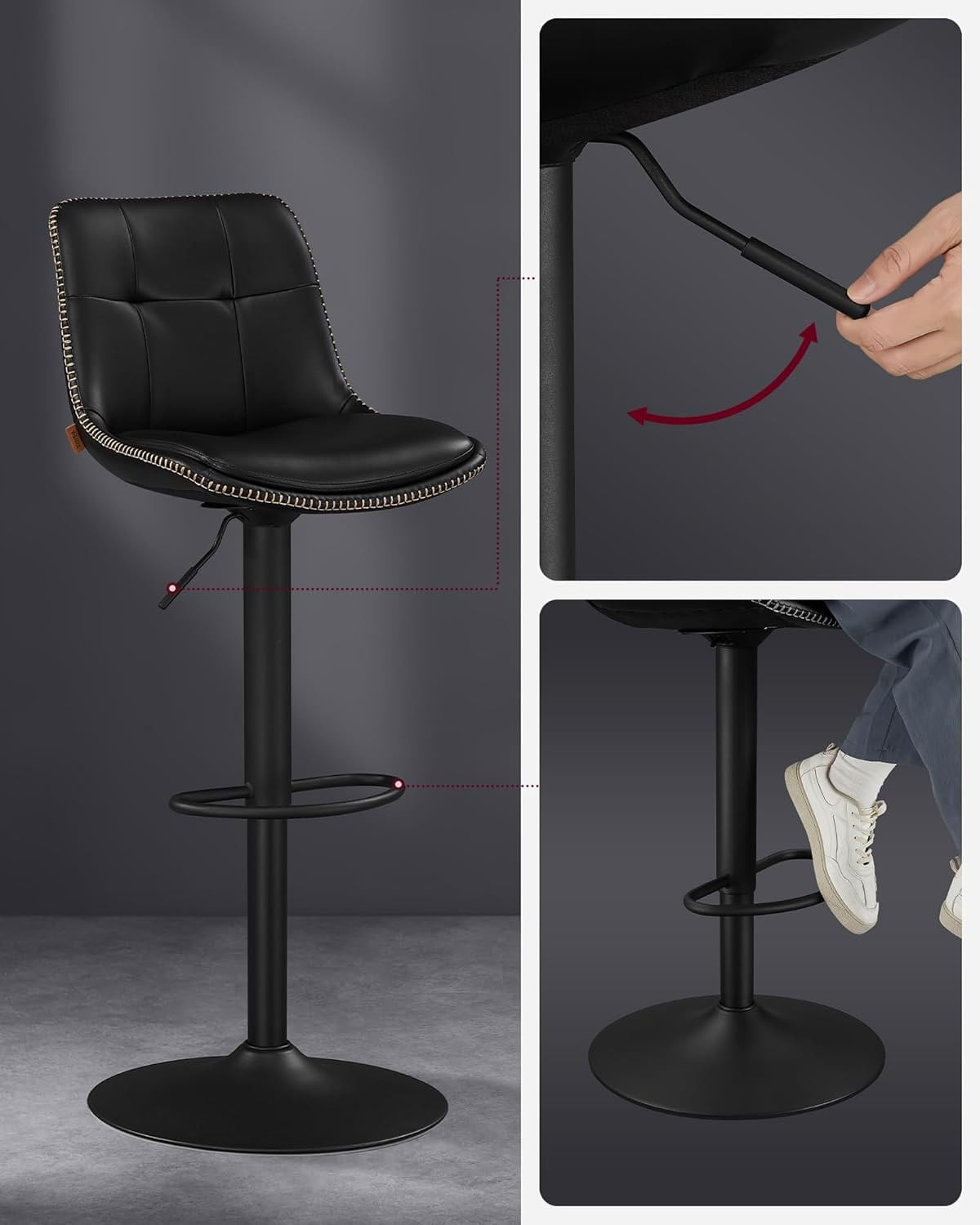 Set 2 scaune bar reglabile pe inaltime, rotative 360A°, cu spatar si suport pentru picioare, tapiterie PU — imaginea 9