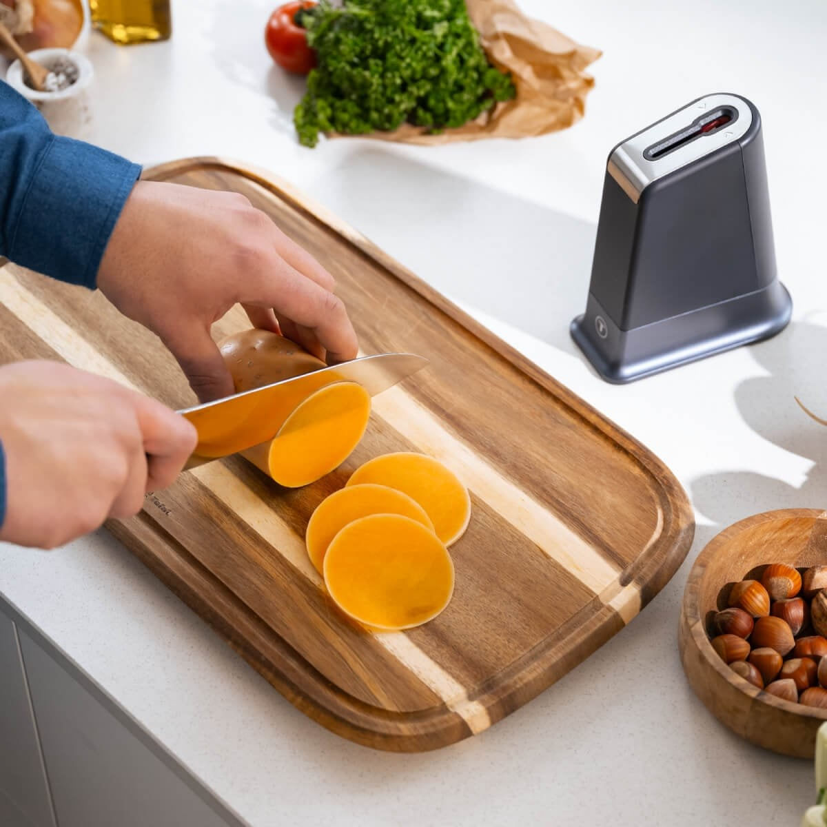 Cutitul bucatarului & suport Tefal EverSharp Pro K297S244, inox german, maner ergonomic, sistem de ascutire integrat — imaginea 9