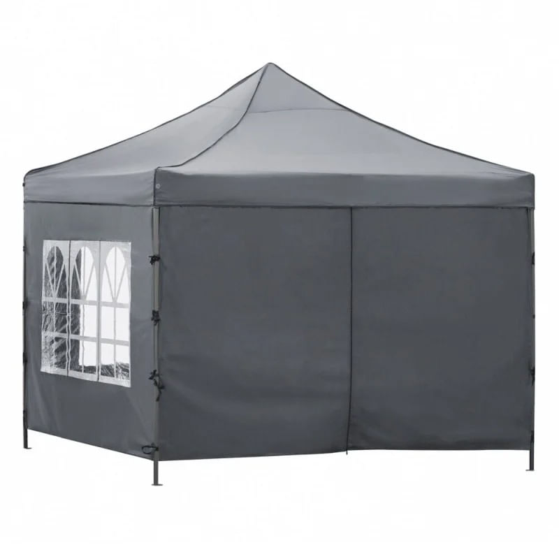 Cort pavilion de gradina, pliere rapida, 300x300 cm, inaltime reglabila, cu 3 pereti laterali, impermeabil, gri — imaginea 3