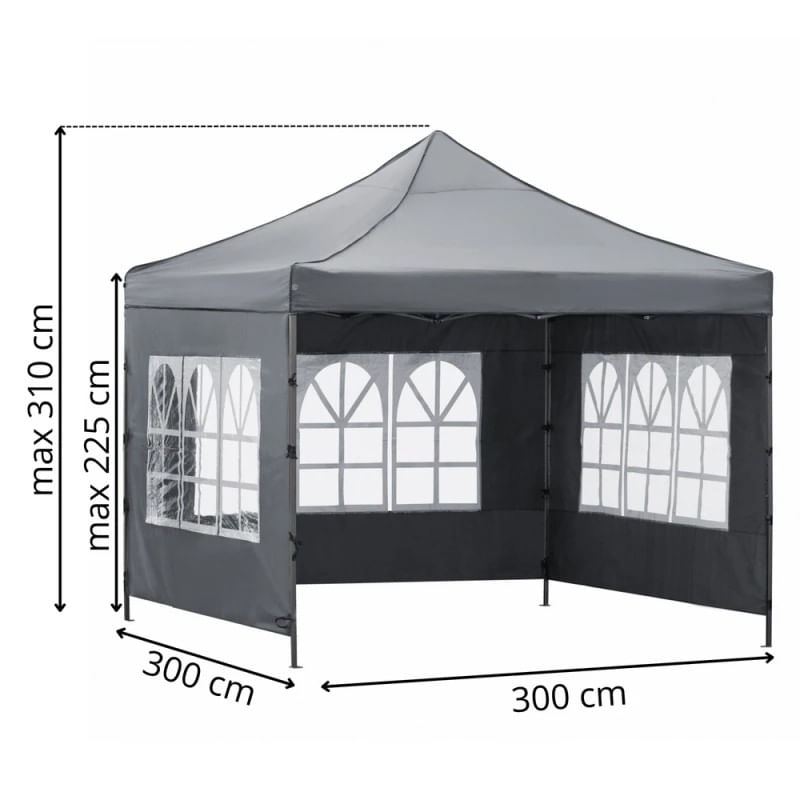 Cort pavilion de gradina, pliere rapida, 300x300 cm, inaltime reglabila, cu 3 pereti laterali, impermeabil, gri — imaginea 6