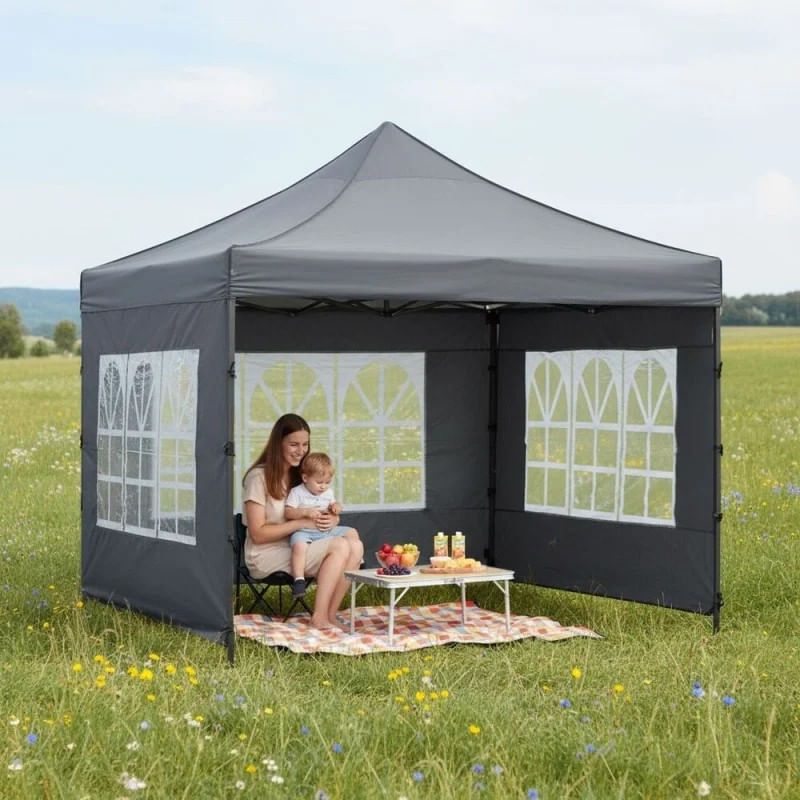 Cort pavilion de gradina, pliere rapida, 300x300 cm, inaltime reglabila, cu 3 pereti laterali, impermeabil, gri — imaginea 7