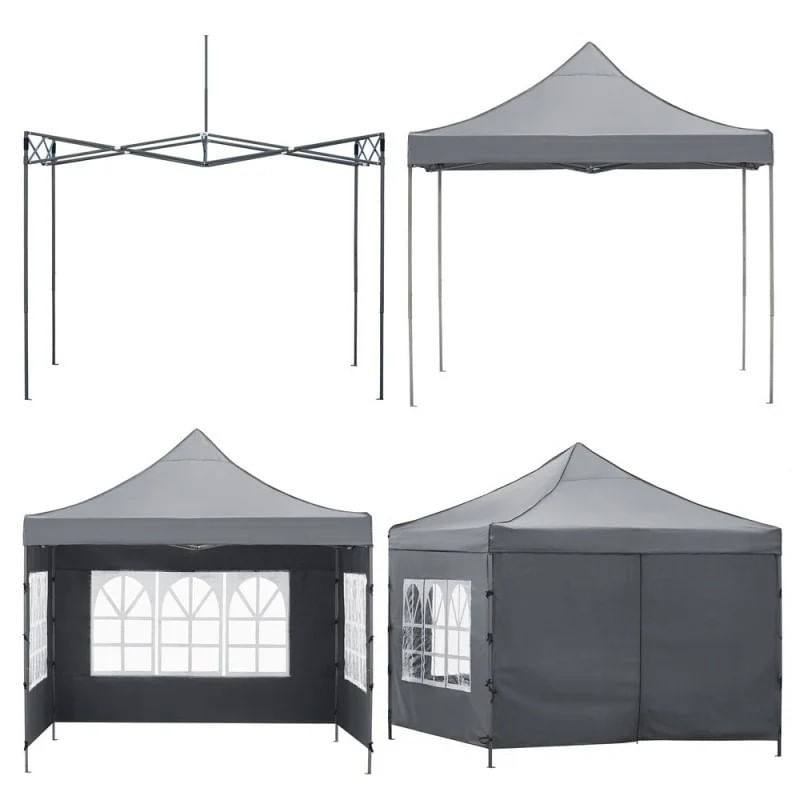 Cort pavilion de gradina, pliere rapida, 300x300 cm, inaltime reglabila, cu 3 pereti laterali, impermeabil, gri — imaginea 11