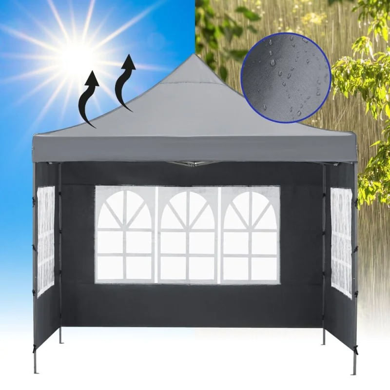 Cort pavilion de gradina, pliere rapida, 300x300 cm, inaltime reglabila, cu 3 pereti laterali, impermeabil, gri — imaginea 13