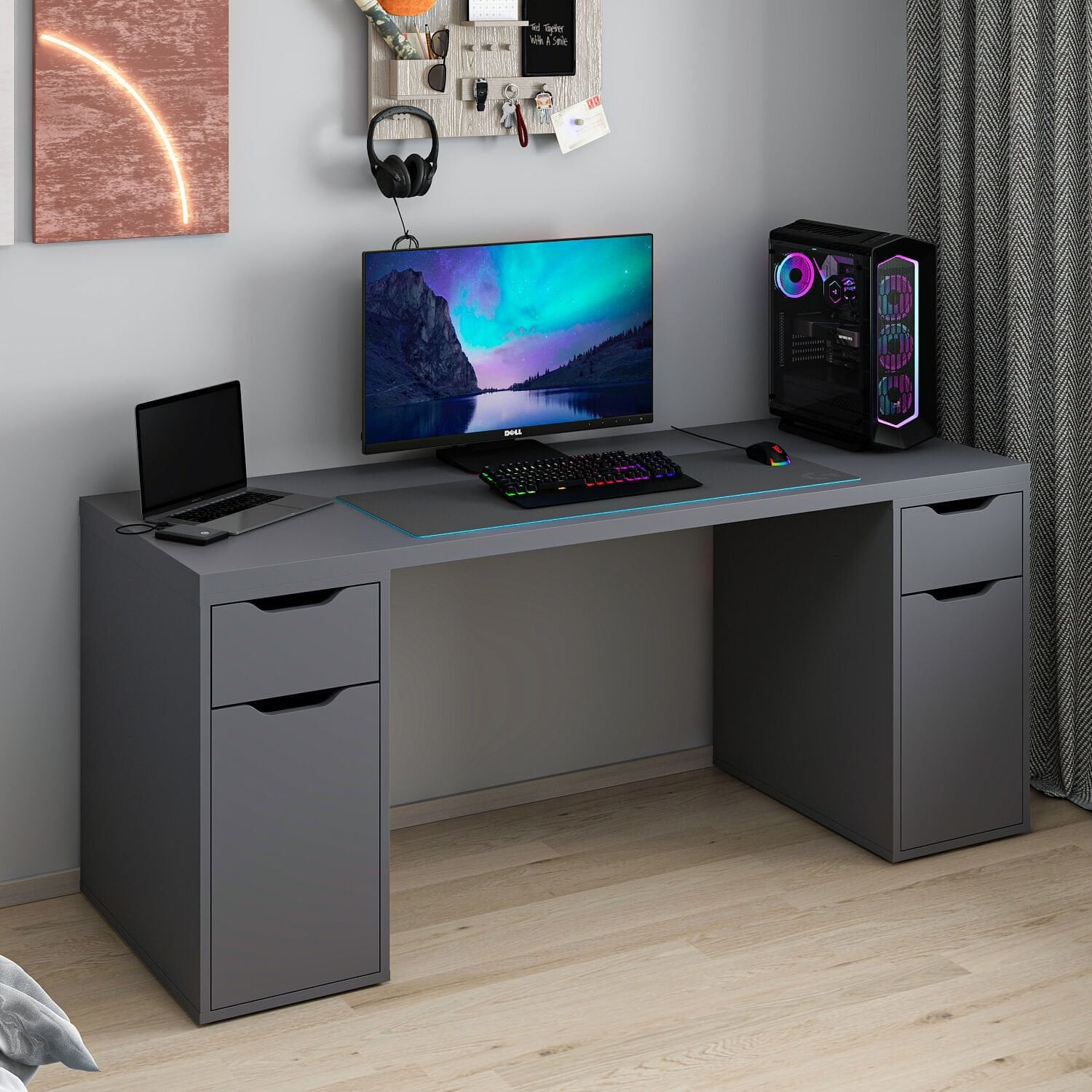 Birou Alen 180cm 2 Drawer 2 Cabinet, 180 x 75 x 60 cm, PAL melaminat — imaginea 3