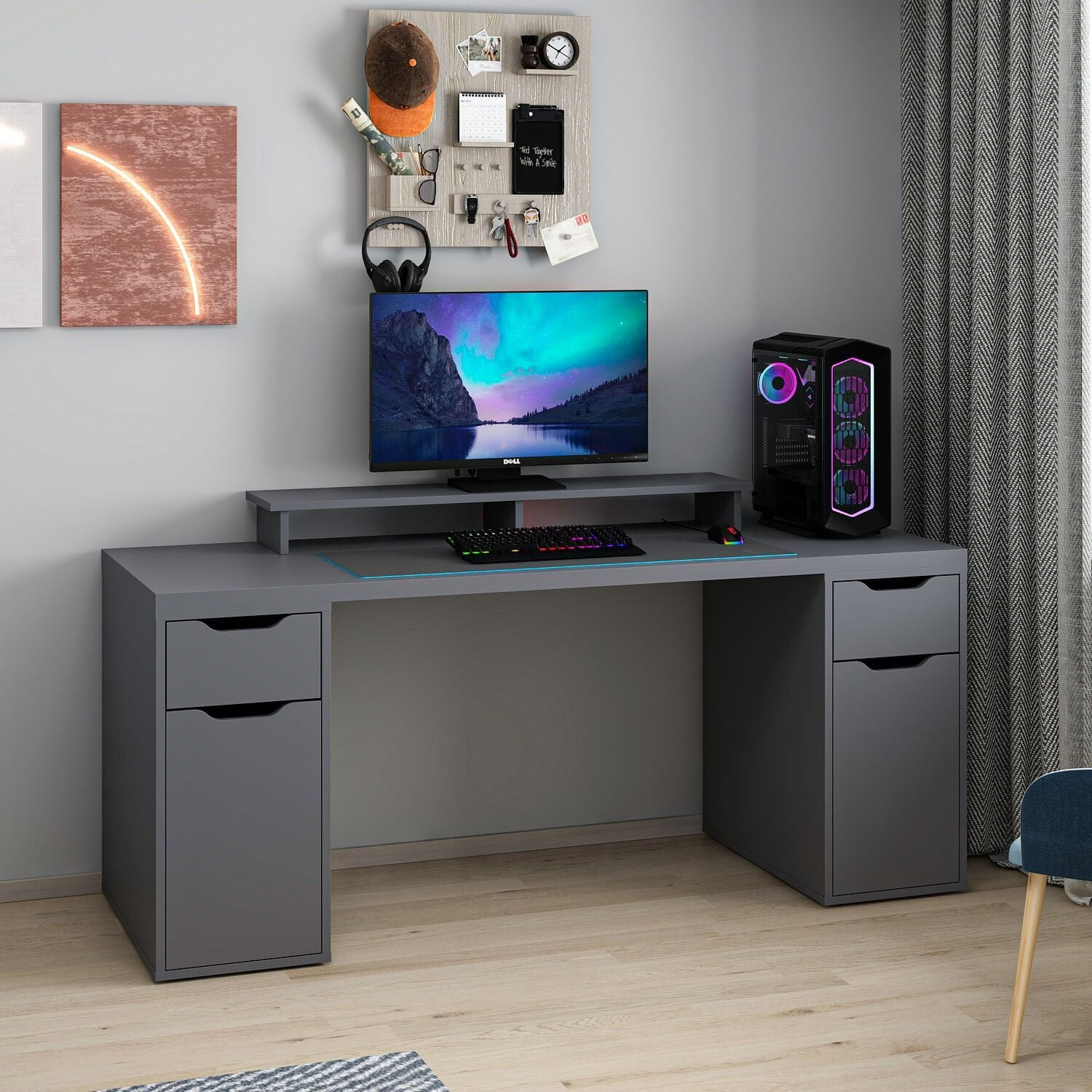 Birou Alen 180cm 2 Drawer 2 Cabinet, 180 x 75 x 60 cm, PAL melaminat — imaginea 5