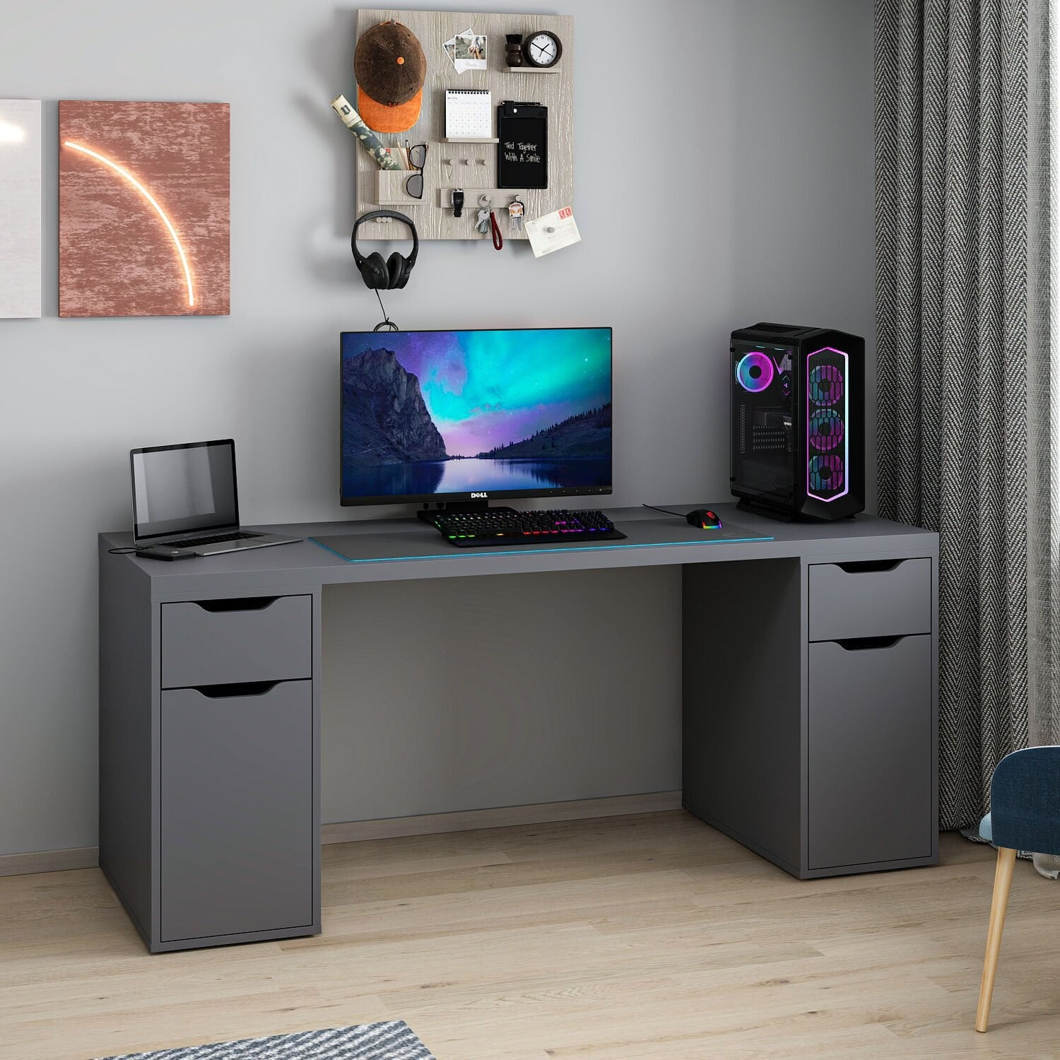 Birou Alen 180cm 2 Drawer 2 Cabinet, 180 x 75 x 60 cm, PAL melaminat — imaginea 6
