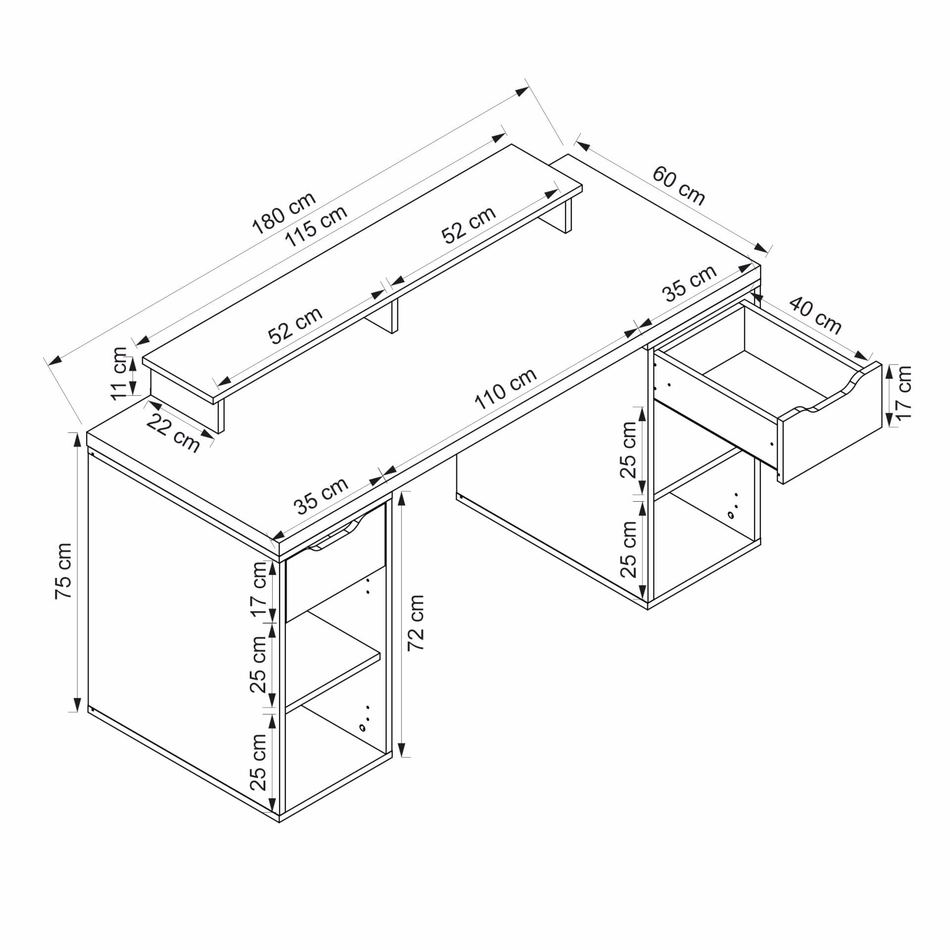 Birou Alen 180cm 2 Drawer 2 Cabinet, 180 x 75 x 60 cm, PAL melaminat — imaginea 8