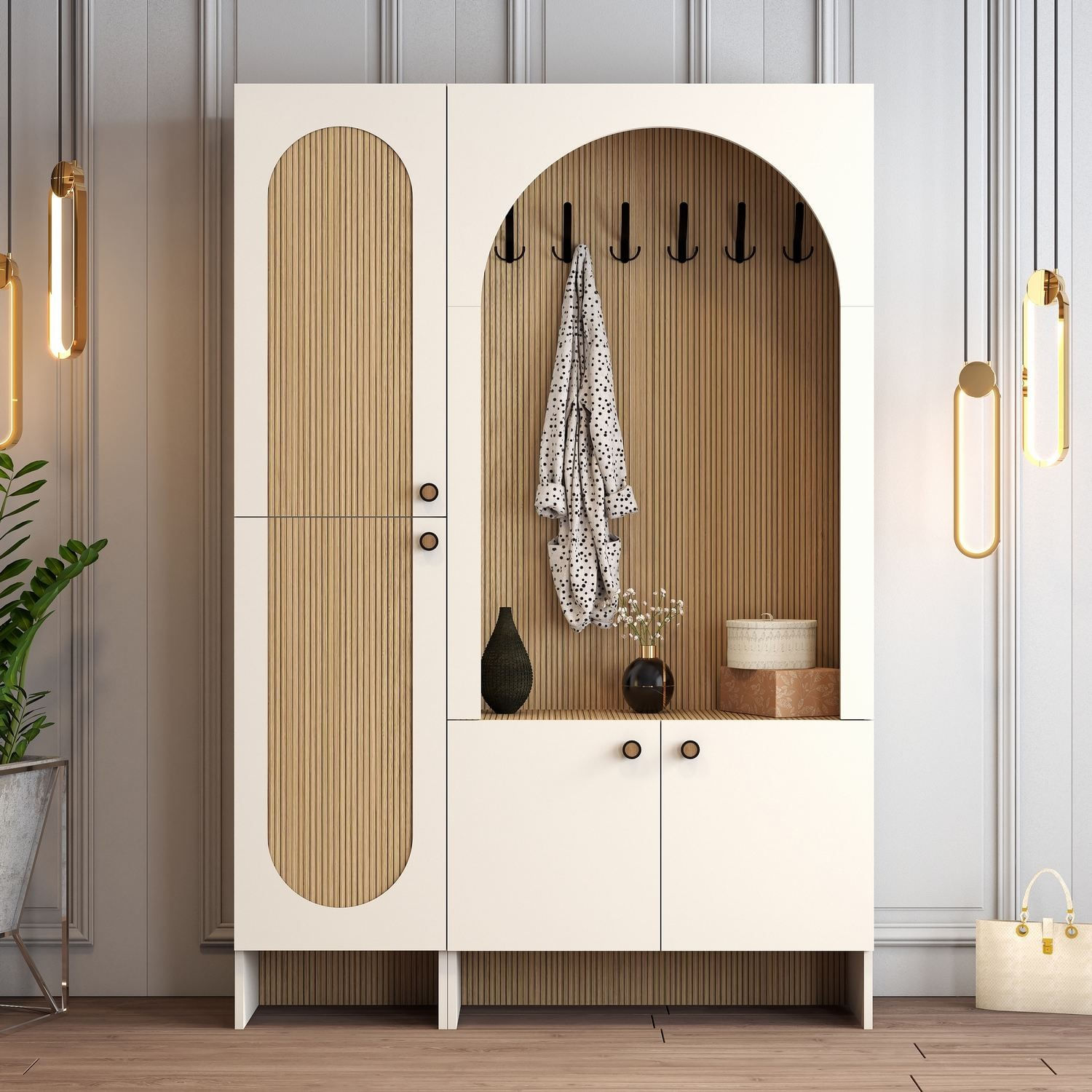 Cuier hol Palermo Kl, 135 x 200, 6 x 37 cm, PAL melaminat, spațiu de depozitare, fixare pe perete, capacitate 8 kg, crem — imaginea 3