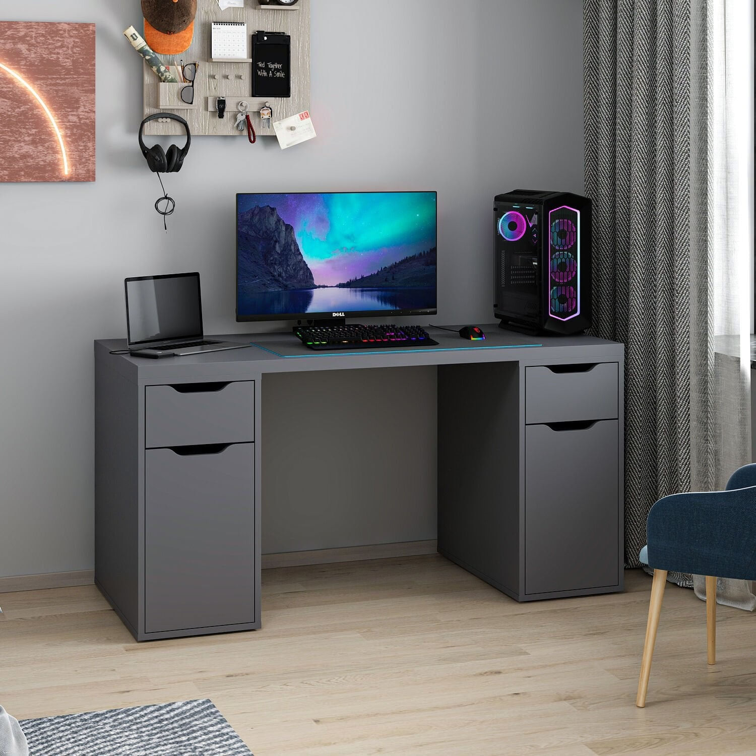 Birou Alen 150cm 2 Drawer 2 Cabinet, 150 x 75 x 60 cm, PAL melaminat — imaginea 3