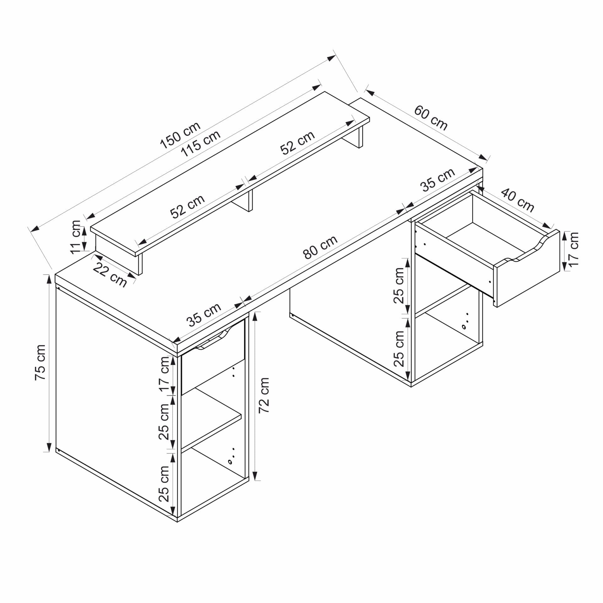Birou Alen 150cm 2 Drawer 2 Cabinet, 150 x 75 x 60 cm, PAL melaminat — imaginea 4