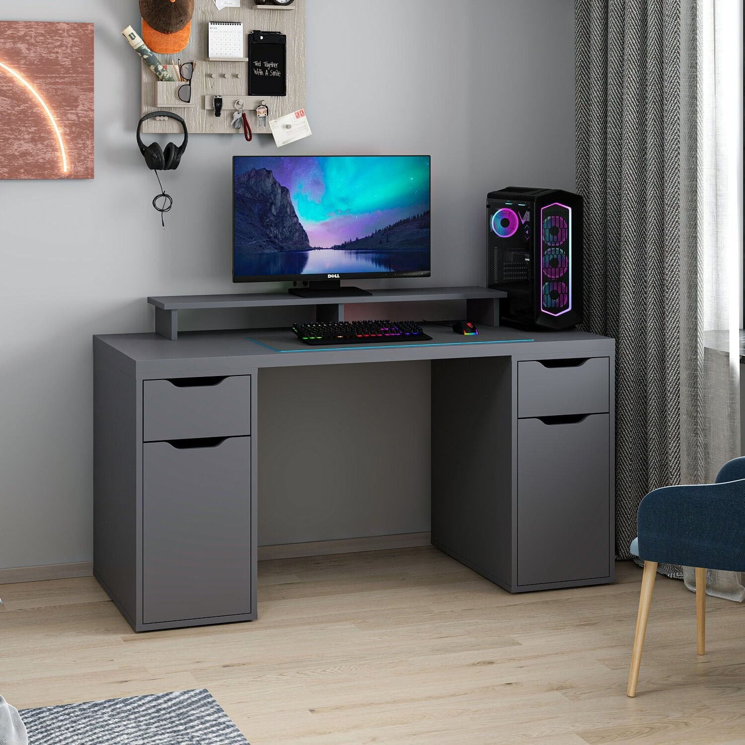 Birou Alen 150cm 2 Drawer 2 Cabinet, 150 x 75 x 60 cm, PAL melaminat — imaginea 6