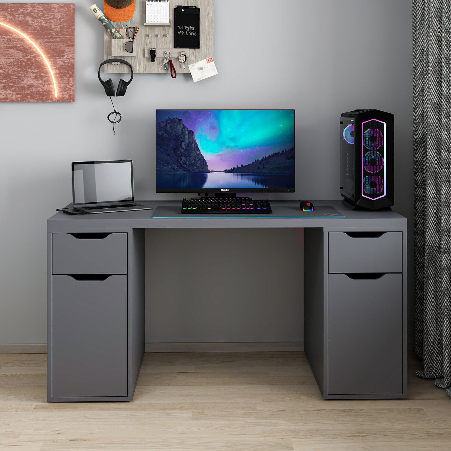 Birou Alen 150cm 2 Drawer 2 Cabinet, 150 x 75 x 60 cm, PAL melaminat — imaginea 8