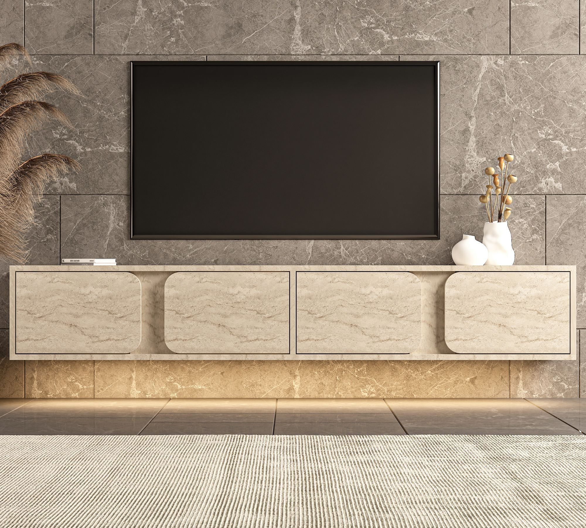 Comodă TV Helen, 180 x 30 x 30 cm, PAL melaminat, fixare pe perete, travertin — imaginea 4