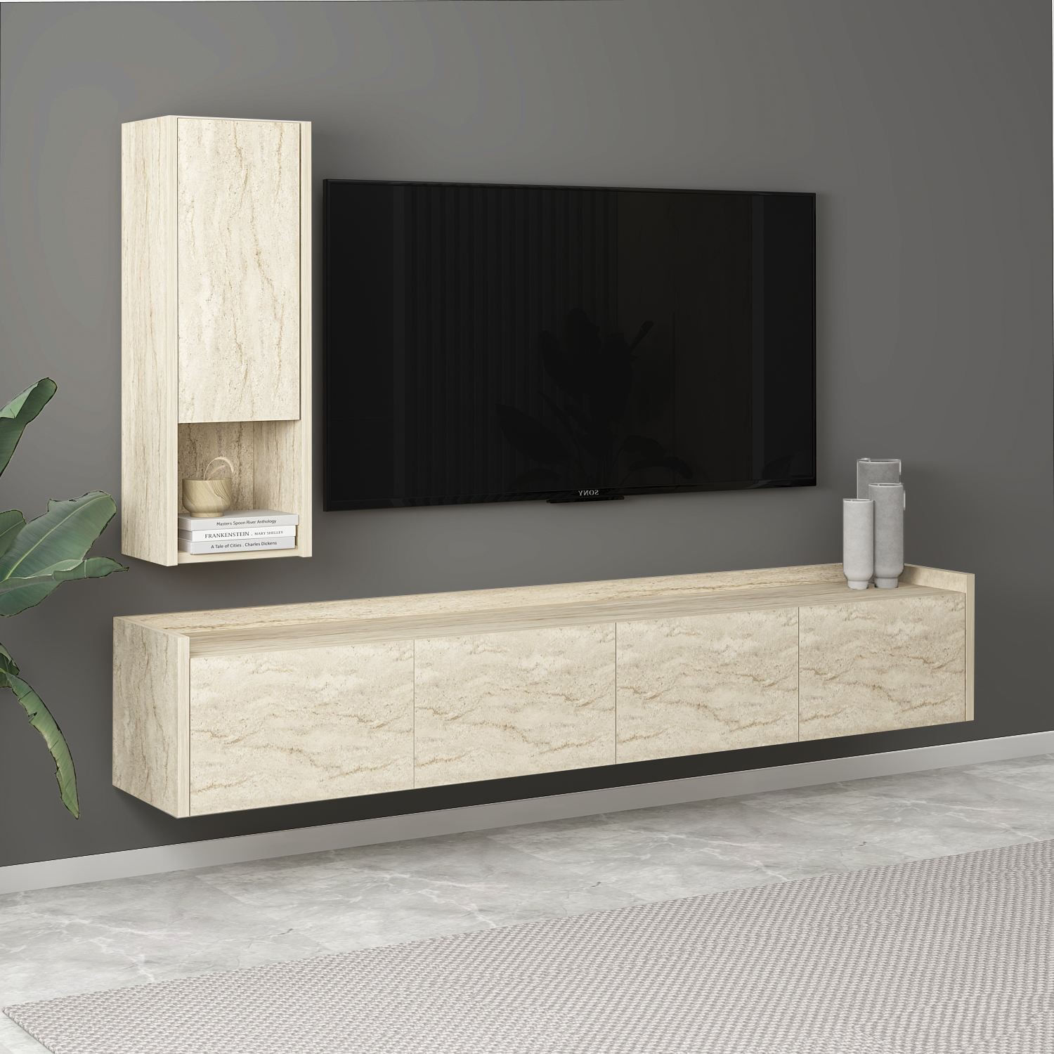 Comodă TV Sema, 160 x 35 x 29, 6 cm, PAL melaminat, fixare pe perete — imaginea 3