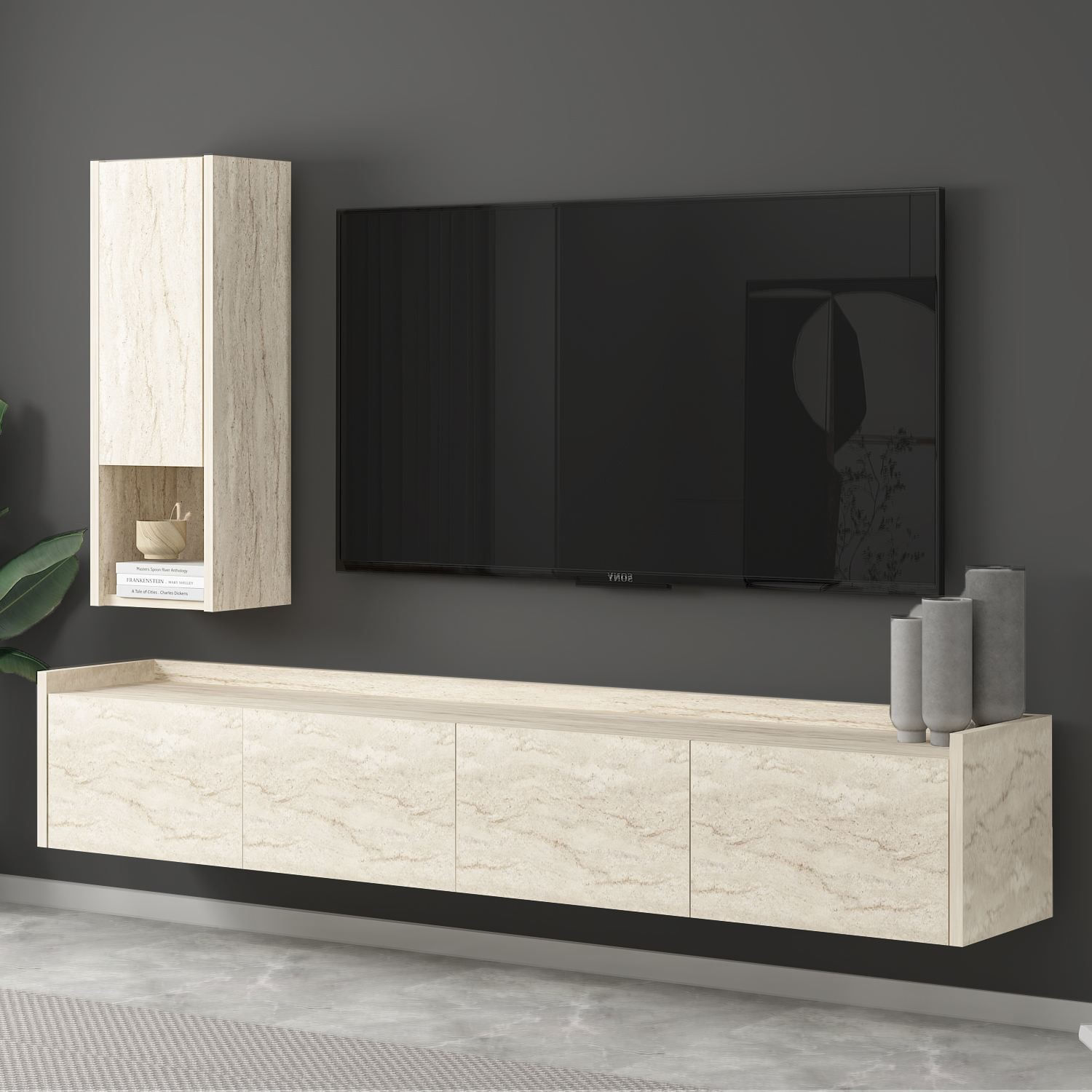 Comodă TV Sema, 160 x 35 x 29, 6 cm, PAL melaminat, fixare pe perete — imaginea 6
