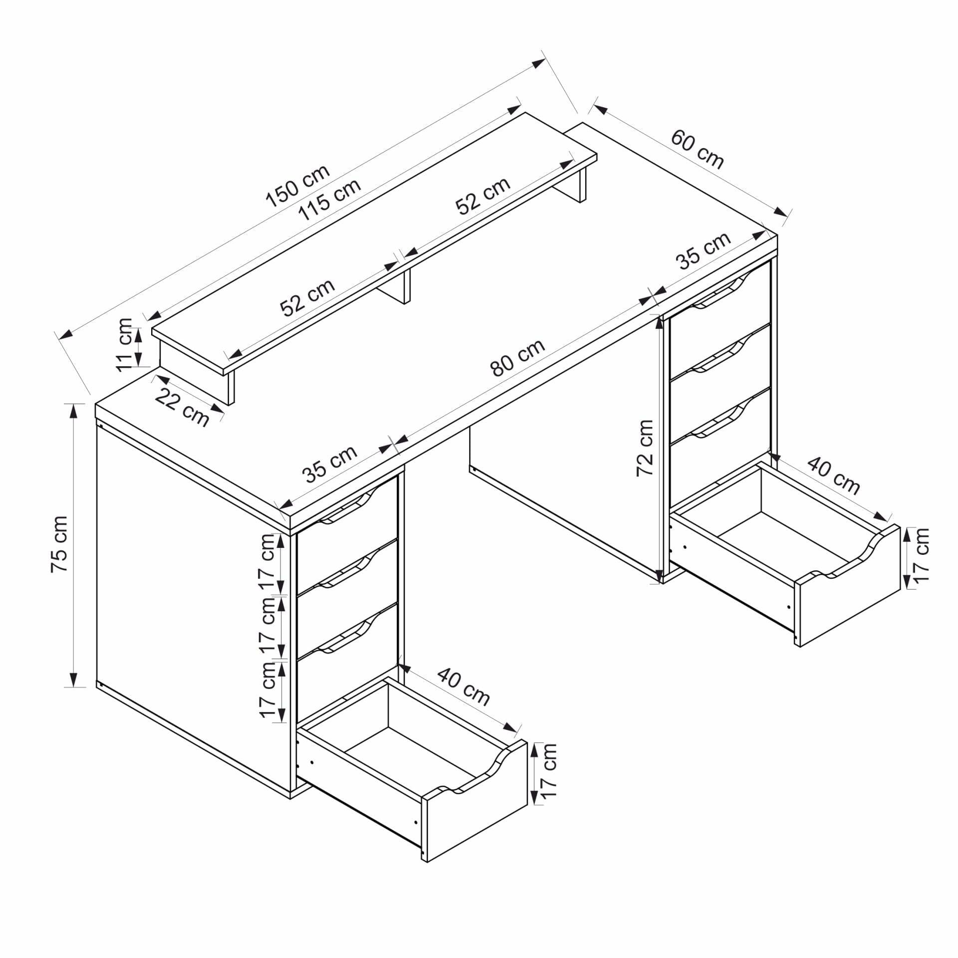 Birou Alen 150cm 8 Drawer, 150 x 75 x 60 cm, PAL melaminat — imaginea 2