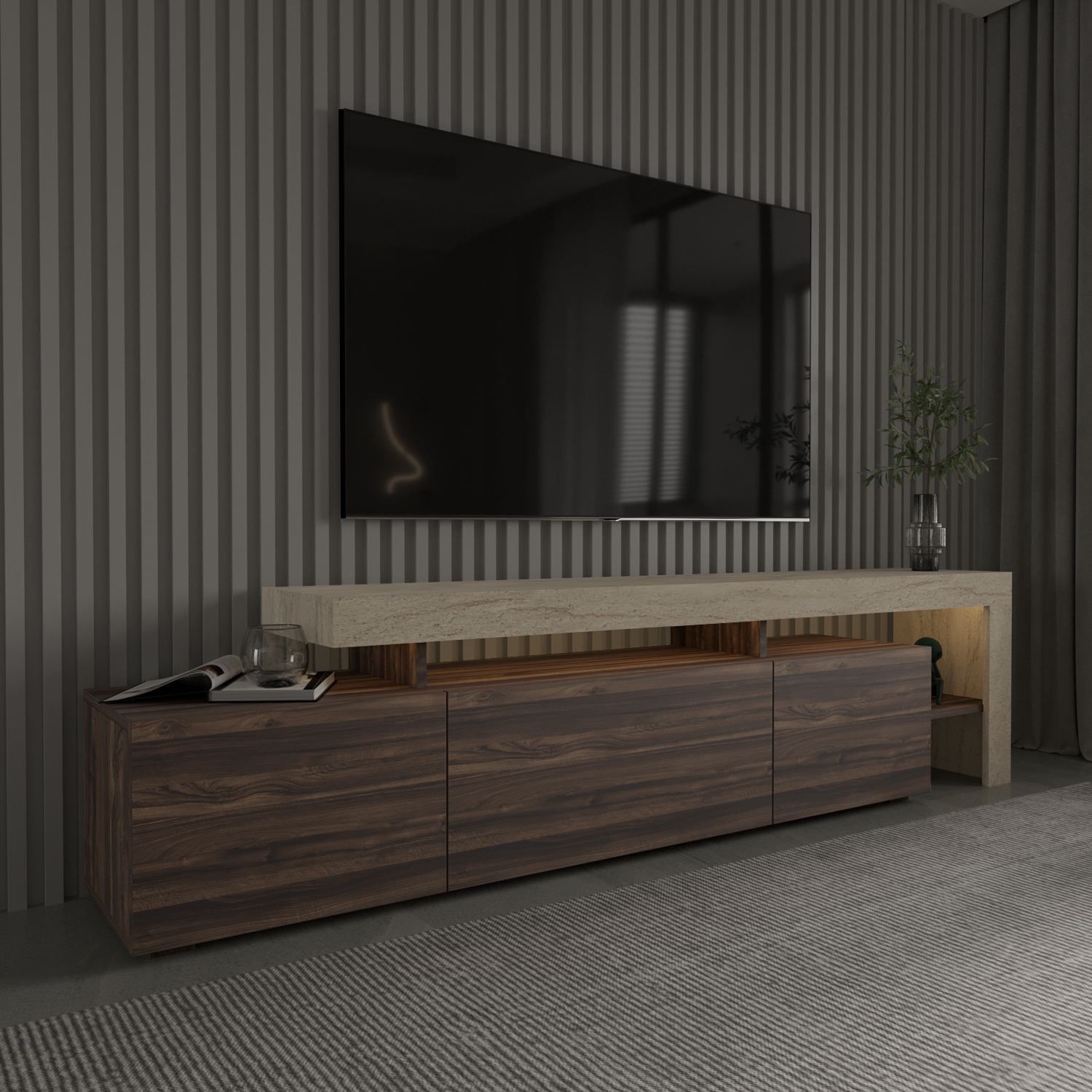 Comodă TV Beliz, 192 x 53 x 37 cm, PAL melaminat, travertin