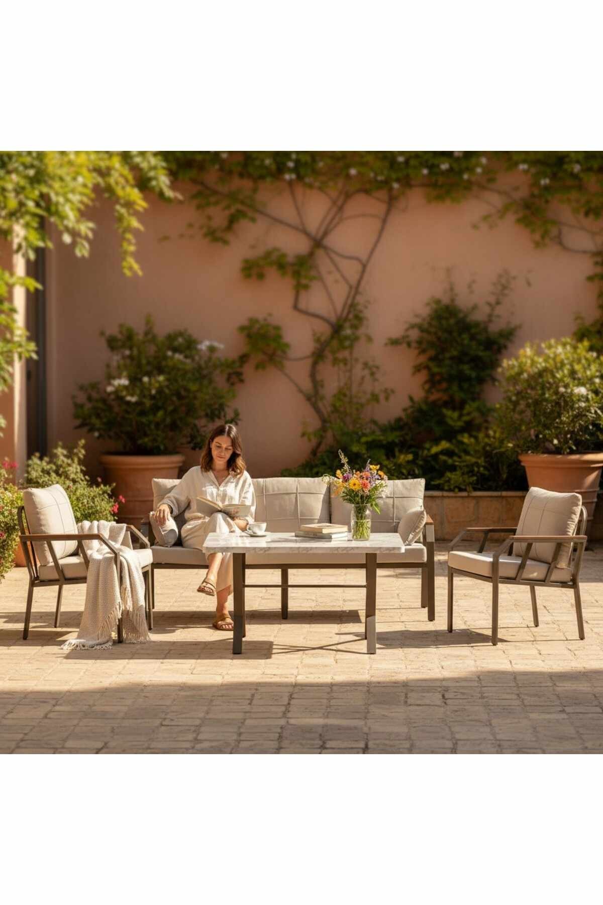Set lounge grădină Nergiz Mermer 3+1+1, 200 x 78 x 58 cm, metal — imaginea 5