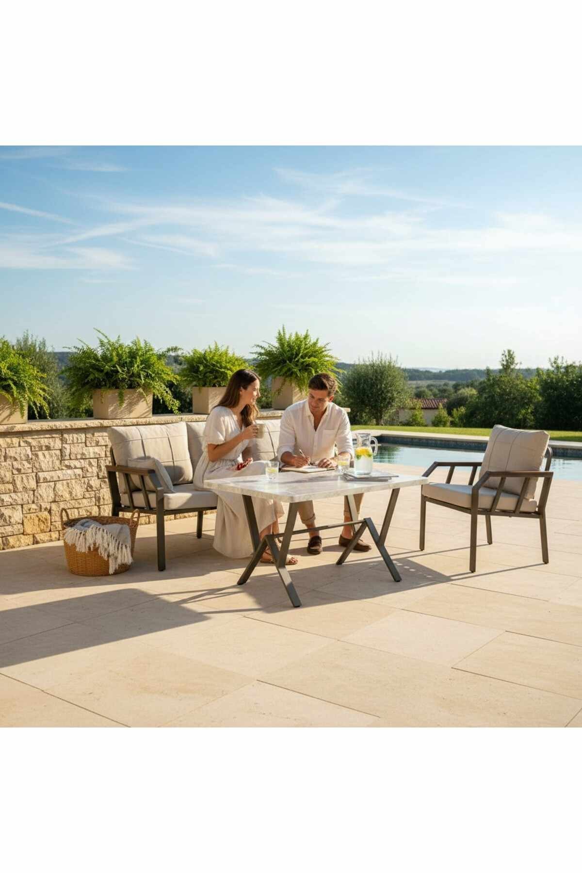 Set lounge grădină Nergiz Mermer 3+1+1, 200 x 78 x 58 cm, metal — imaginea 6