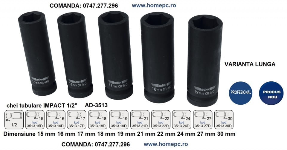 Cheie tubulara de IMPACT 1/2" ADLER AD-3513.30D 30mm varianta lunga — imaginea 3