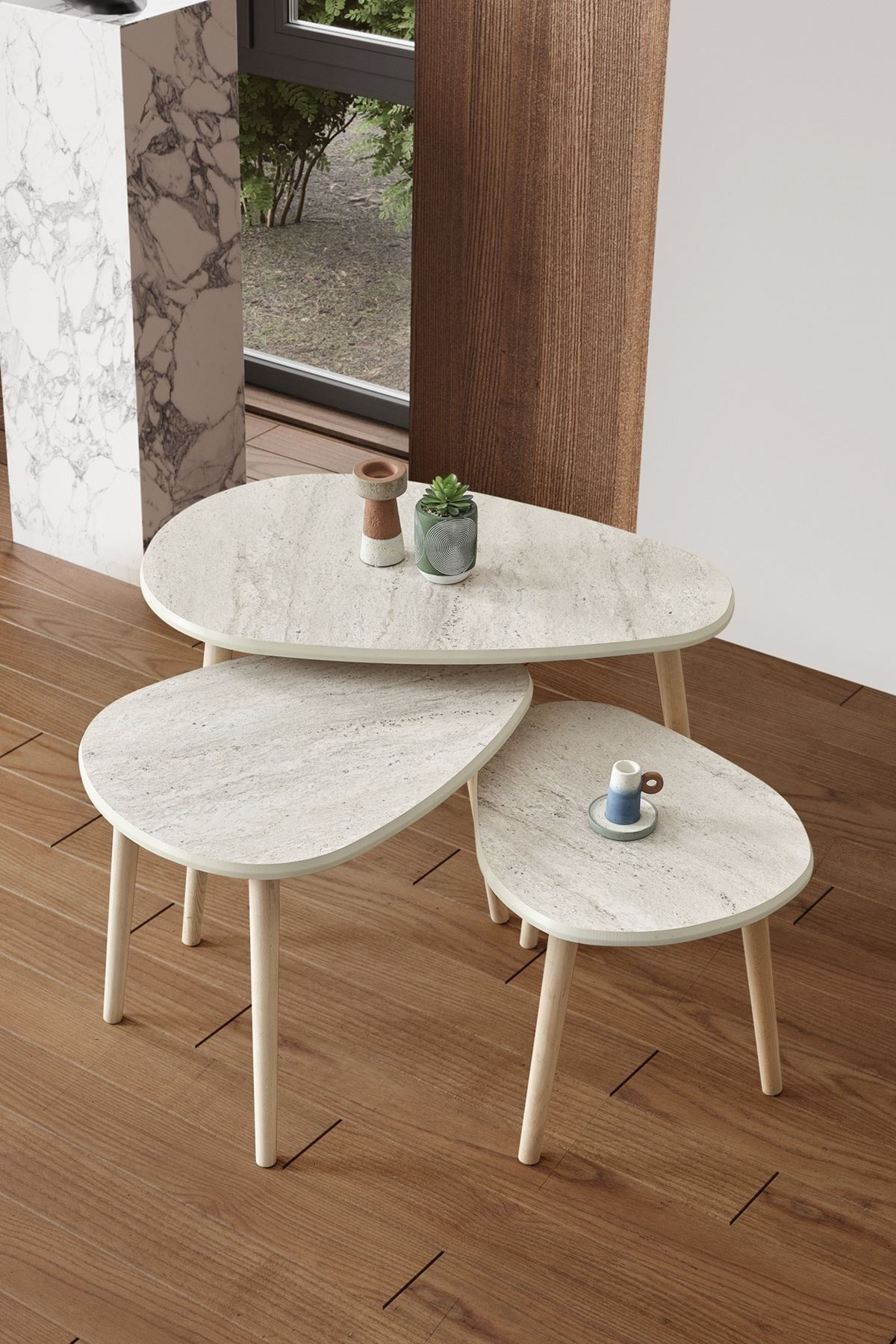Masa de cafea Alvin, 80 x 50 x 52 cm, MDF, design compact, travertin — imaginea 4