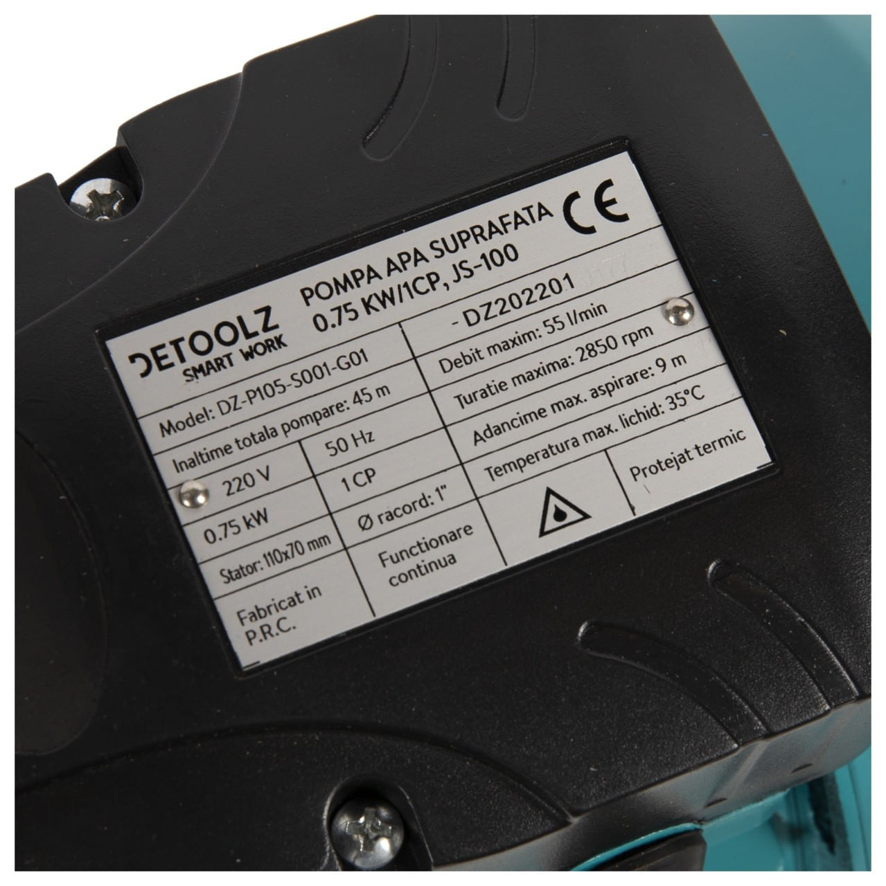 Pompa de suprafata detoolz, 0.75 kw, debit maxim 3300 l/h, inaltime maxima de pompare 45m, corp pompa inox — imaginea 3