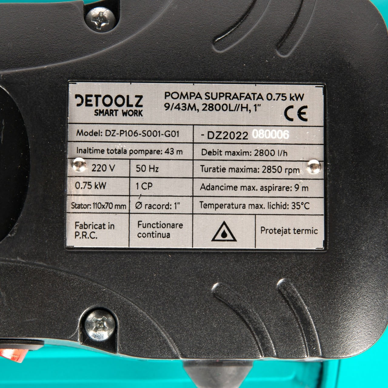 Pompa de suprafata detoolz, 0.75 kw, debit maxim 2800 l/h, inaltime maxima de pompare 43m, corp pompa fonta — imaginea 9