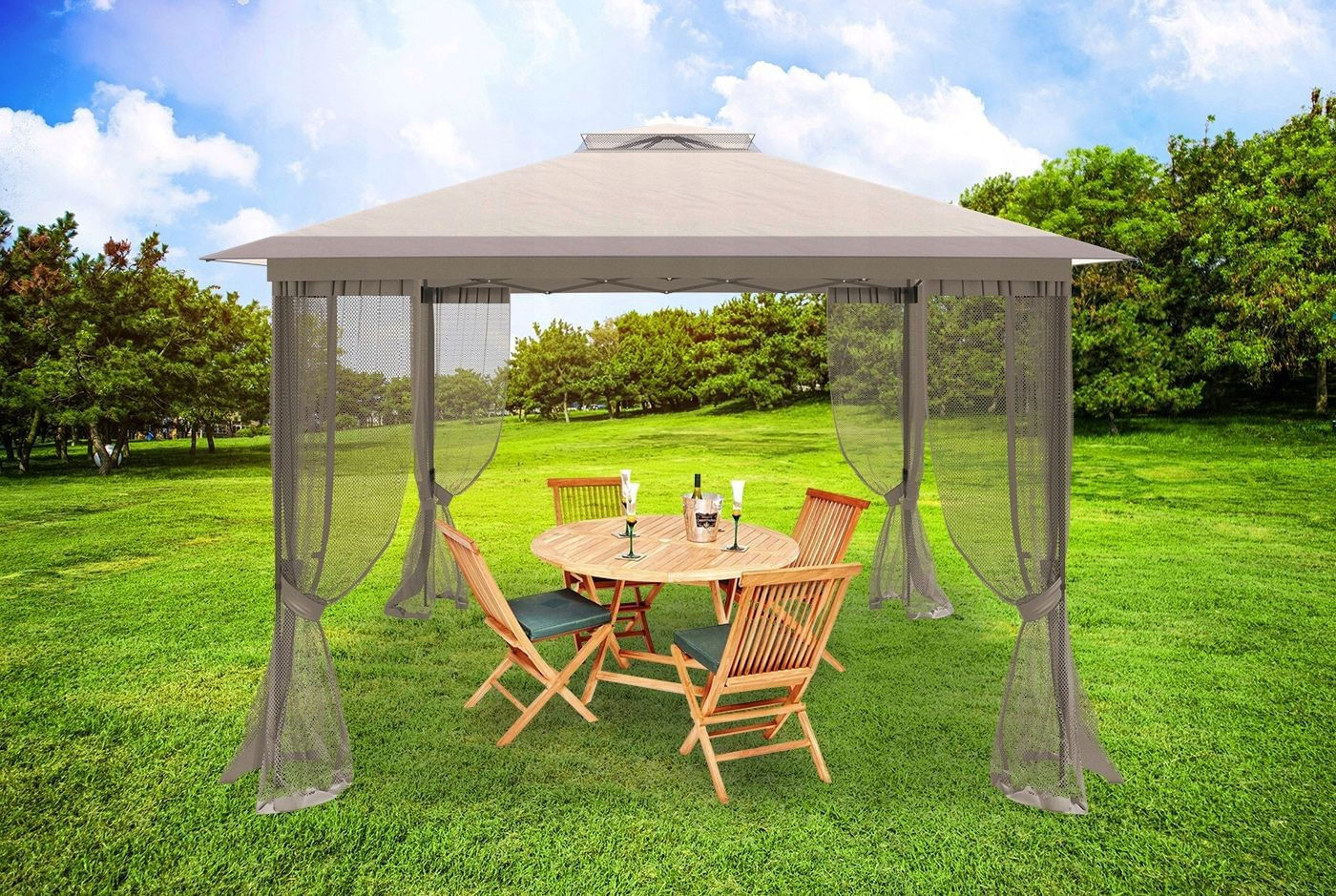 Pavilion gradina pop-up 300x300 cm cu 4 pereti plasa tantari, PE 110g/m2 impermeabil, copertina suplimentara, inaltime — imaginea 7