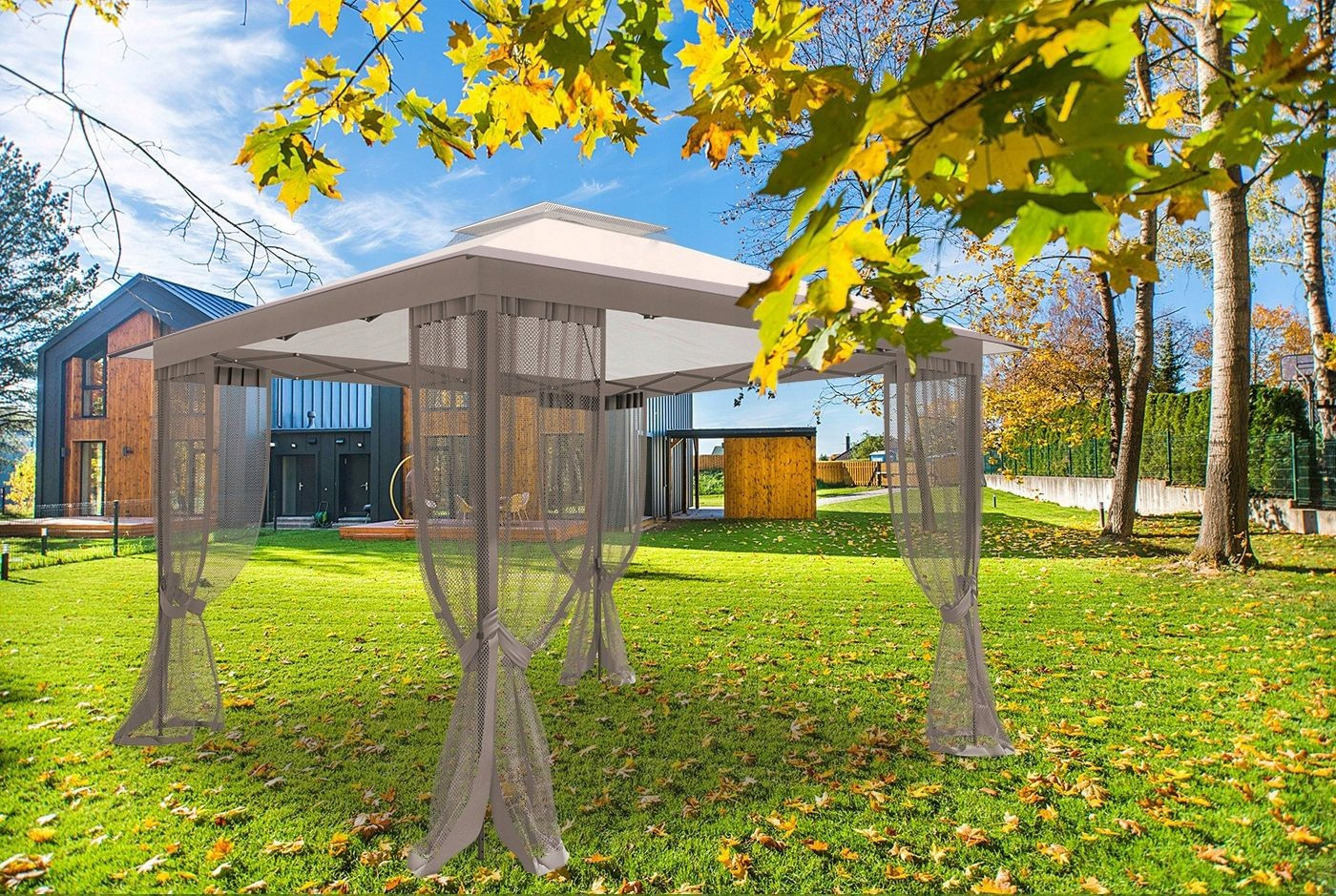 Pavilion gradina pop-up 300x300 cm cu 4 pereti plasa tantari, PE 110g/m2 impermeabil, copertina suplimentara, inaltime — imaginea 8