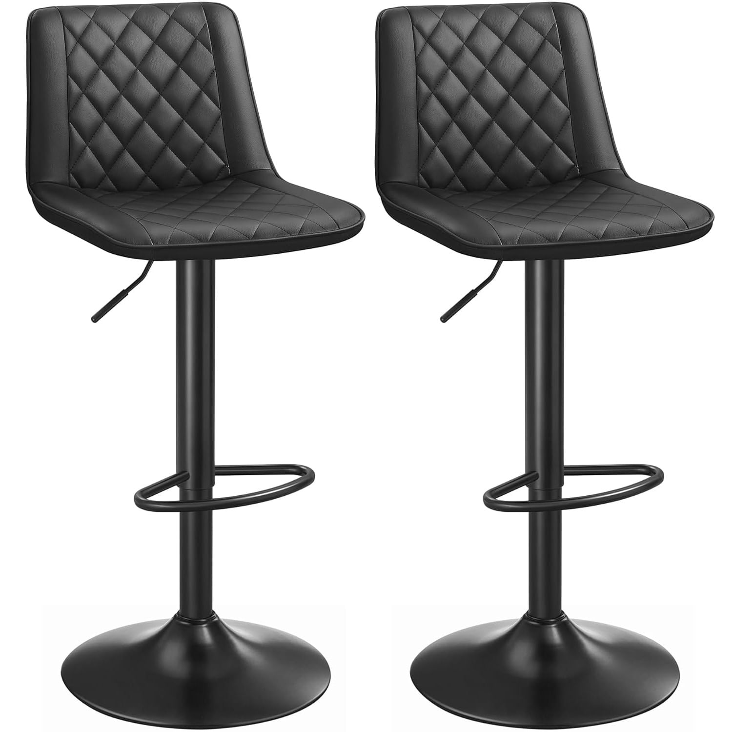 Set de 2 scaune de bar, cu spatar, reglabile in inaltime, tapitat cu PU, 47x51x(89-109)cm, negru — imaginea 2