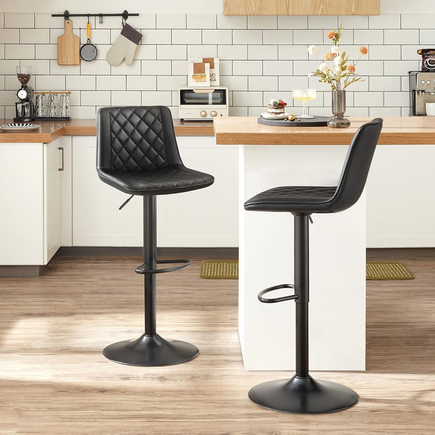 Set de 2 scaune de bar, cu spatar, reglabile in inaltime, tapitat cu PU, 47x51x(89-109)cm, negru — imaginea 3