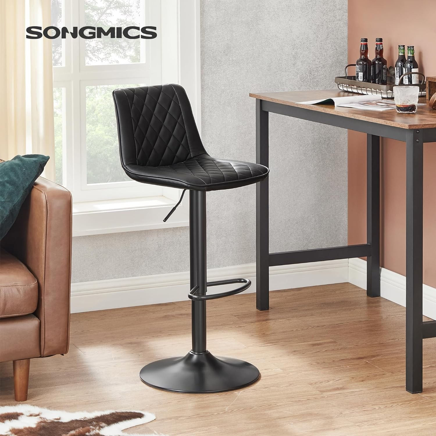 Set de 2 scaune de bar, cu spatar, reglabile in inaltime, tapitat cu PU, 47x51x(89-109)cm, negru — imaginea 4