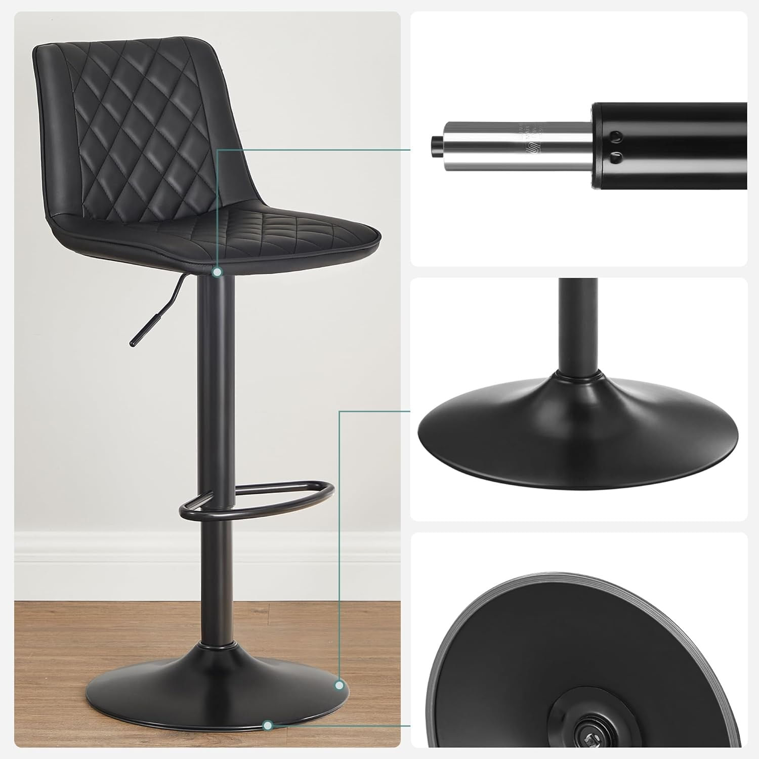 Set de 2 scaune de bar, cu spatar, reglabile in inaltime, tapitat cu PU, 47x51x(89-109)cm, negru — imaginea 7