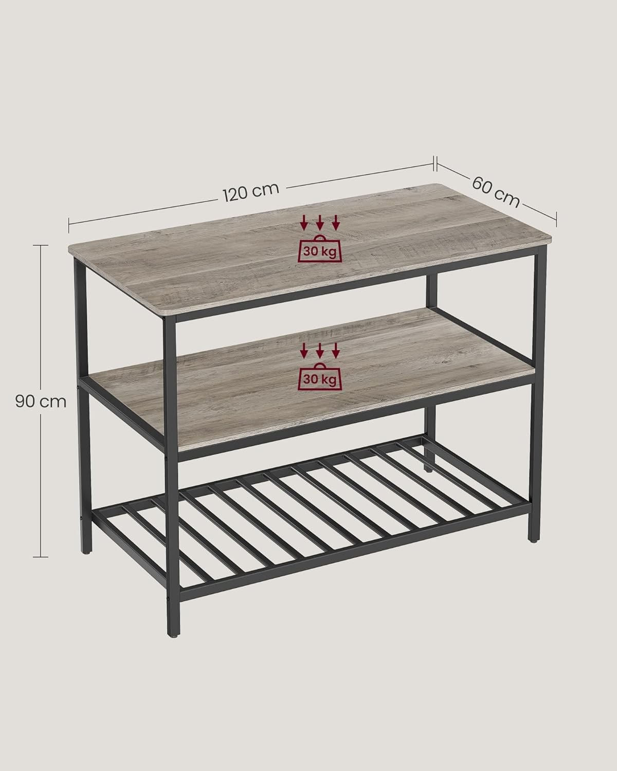 Raft de bucatarie tip insula, cadru de otel cu 3 nivele, stil industrial, 60x120x90cm, gri stejar — imaginea 4